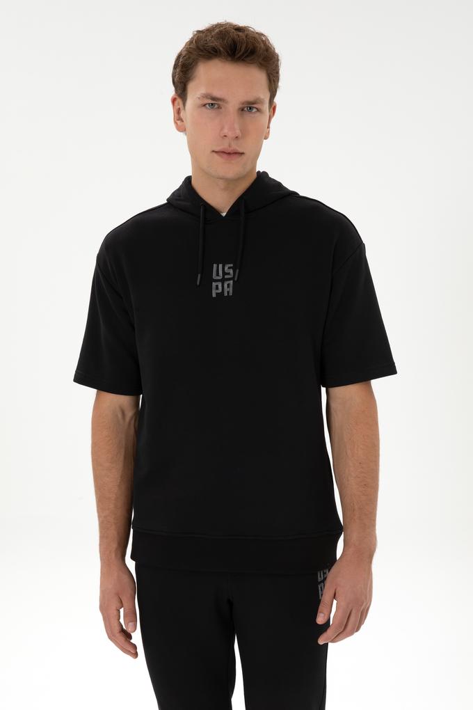 Erkek Comfort Fit Kapüşonlu Kısa Kollu Siyah Sweatshirt