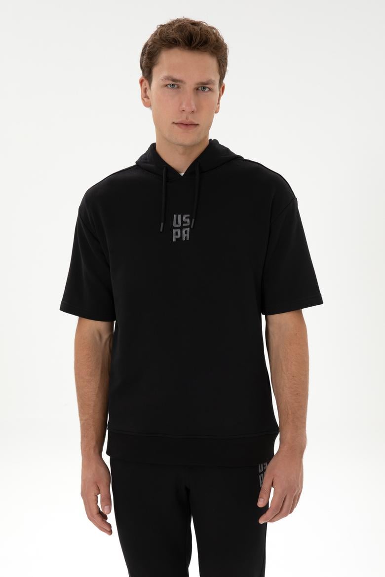 Erkek Comfort Fit Kapüşonlu Kısa Kollu Siyah Sweatshirt
