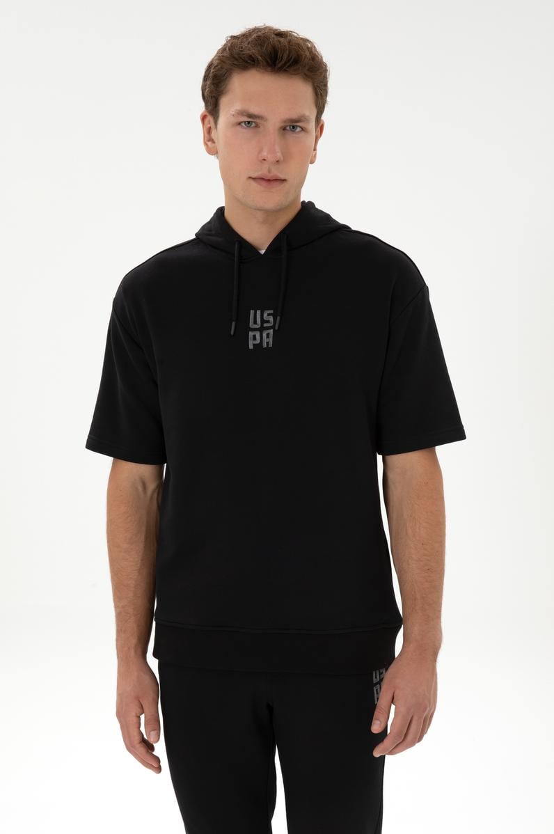 Erkek Comfort Fit Kapüşonlu Kısa Kollu Siyah Sweatshirt