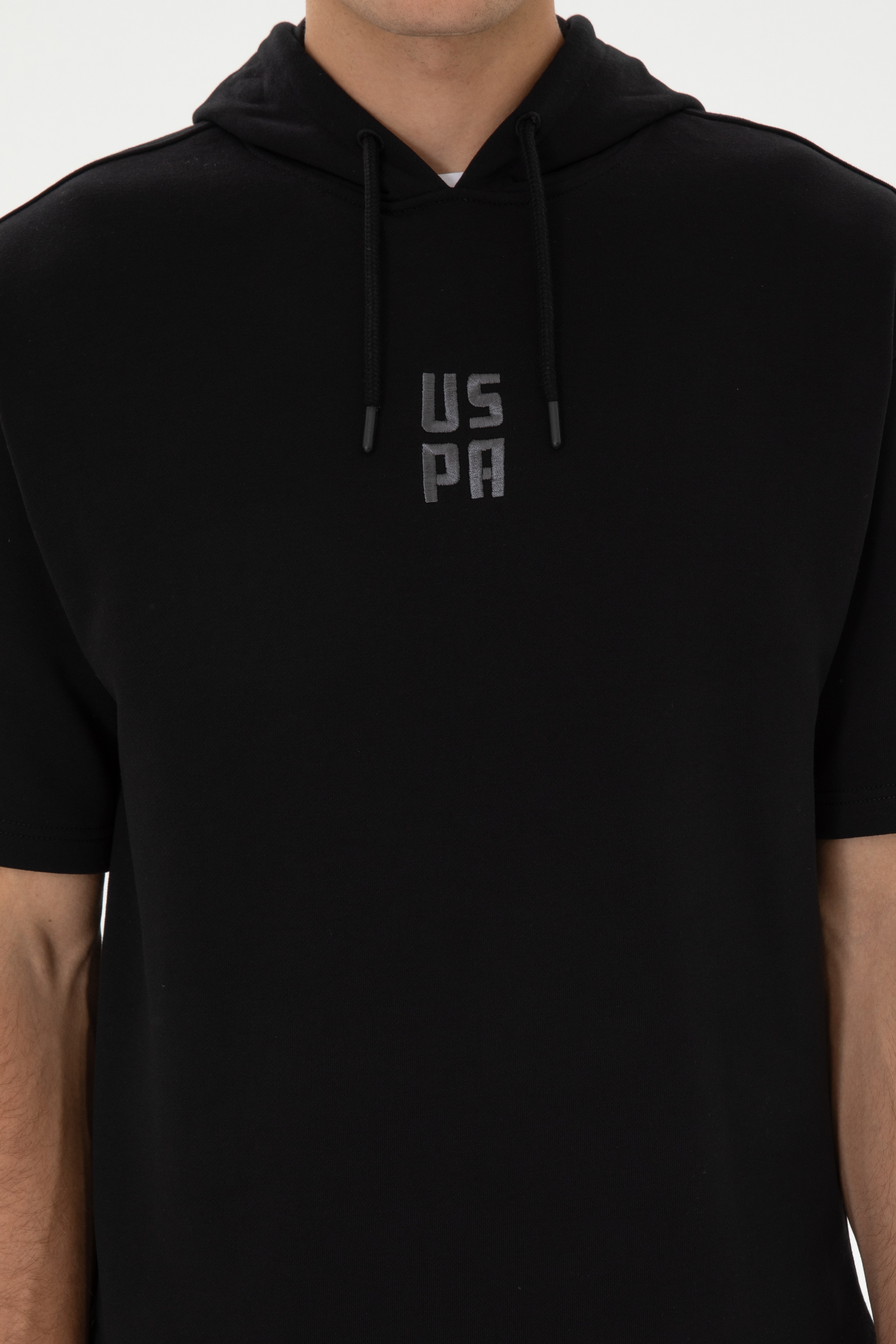 Erkek Comfort Fit Kapüşonlu Kısa Kollu Siyah Sweatshirt - Image 6
