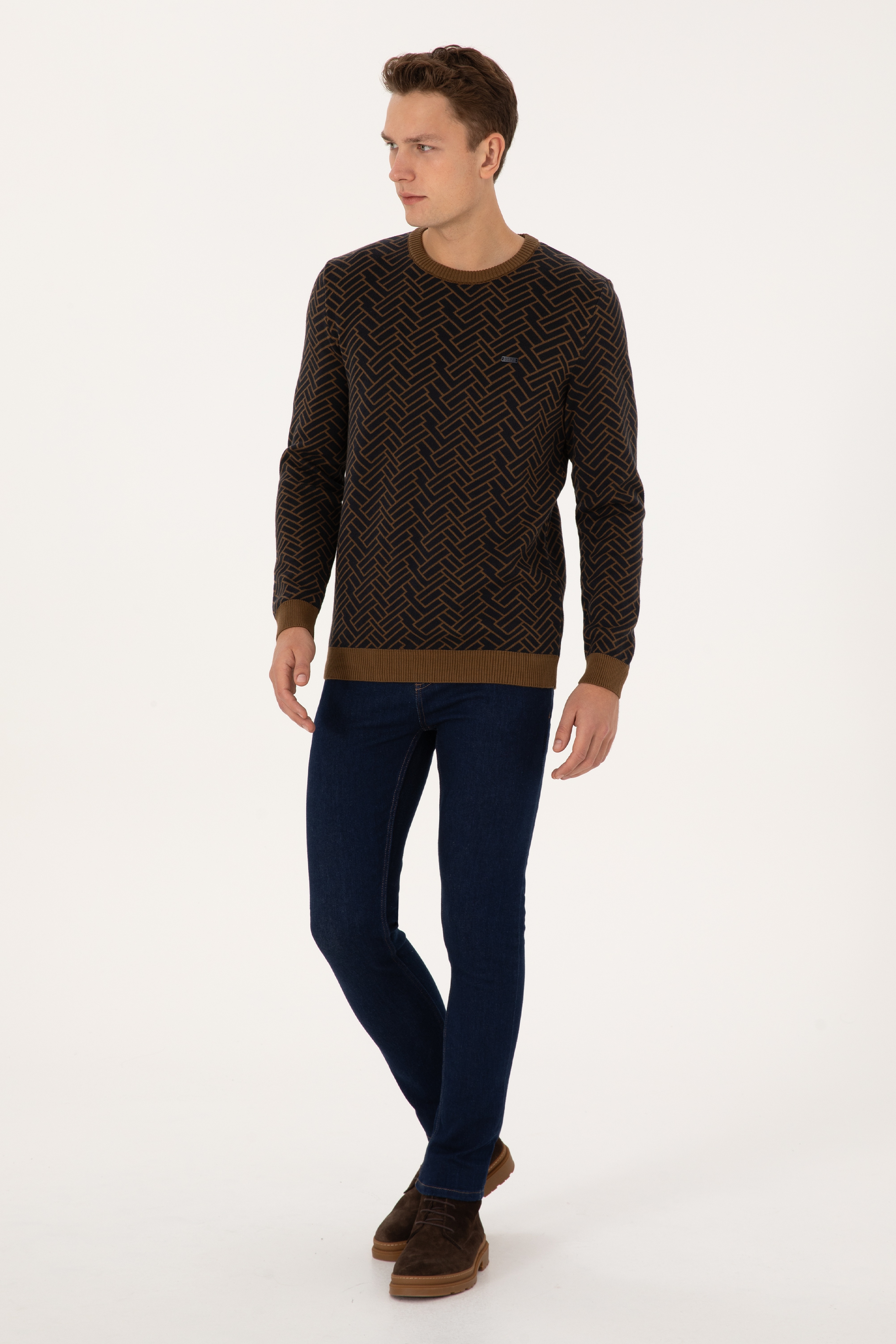 Erkek Slim Fit Bisiklet Yaka Haki Kazak