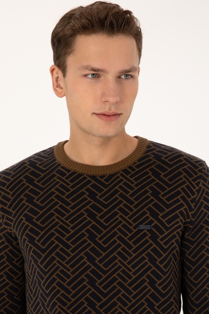 Erkek Slim Fit Bisiklet Yaka Haki Kazak