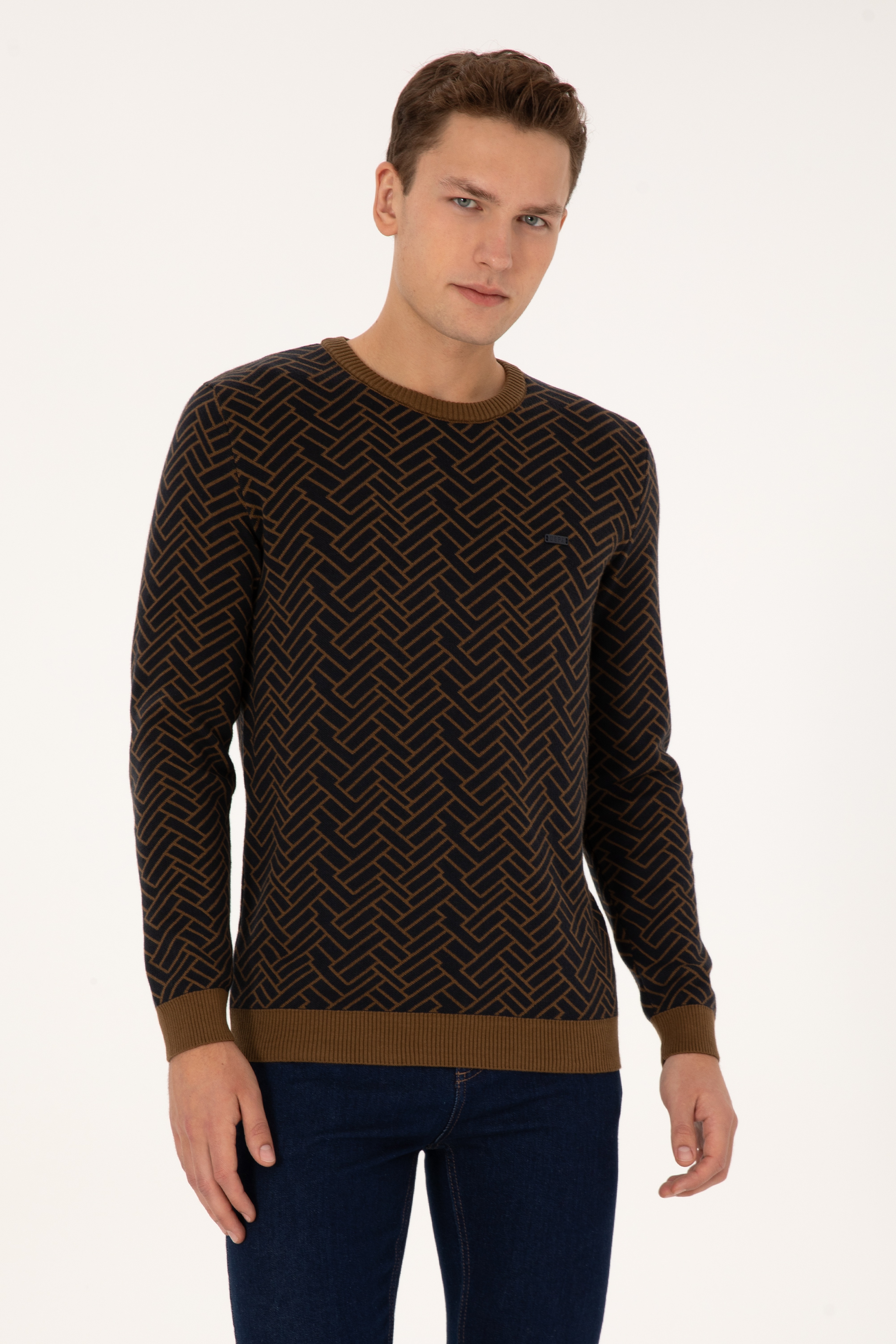 Erkek Slim Fit Bisiklet Yaka Haki Kazak