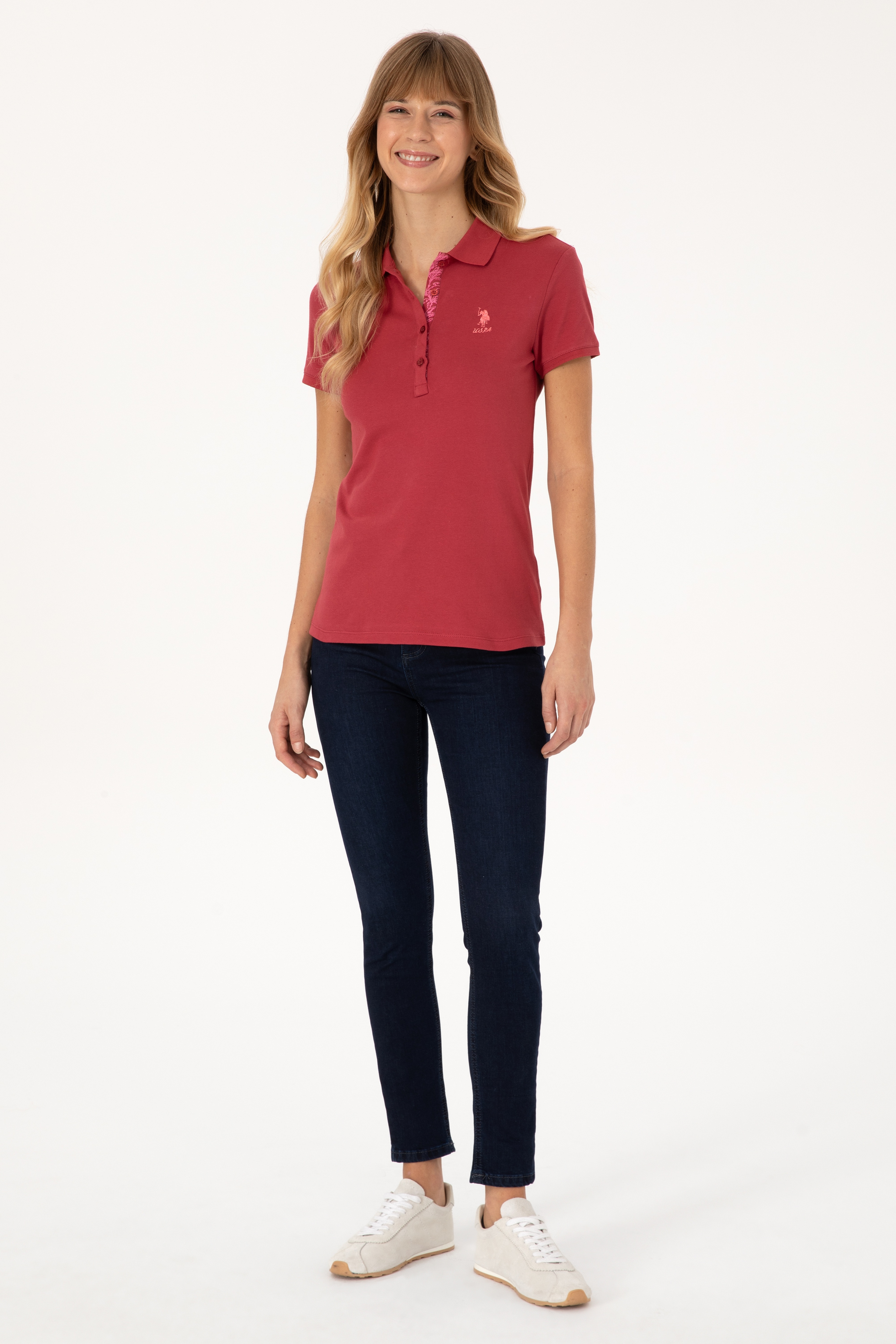 Kadın Vişne Basic Polo Yaka Tişört - Image 4