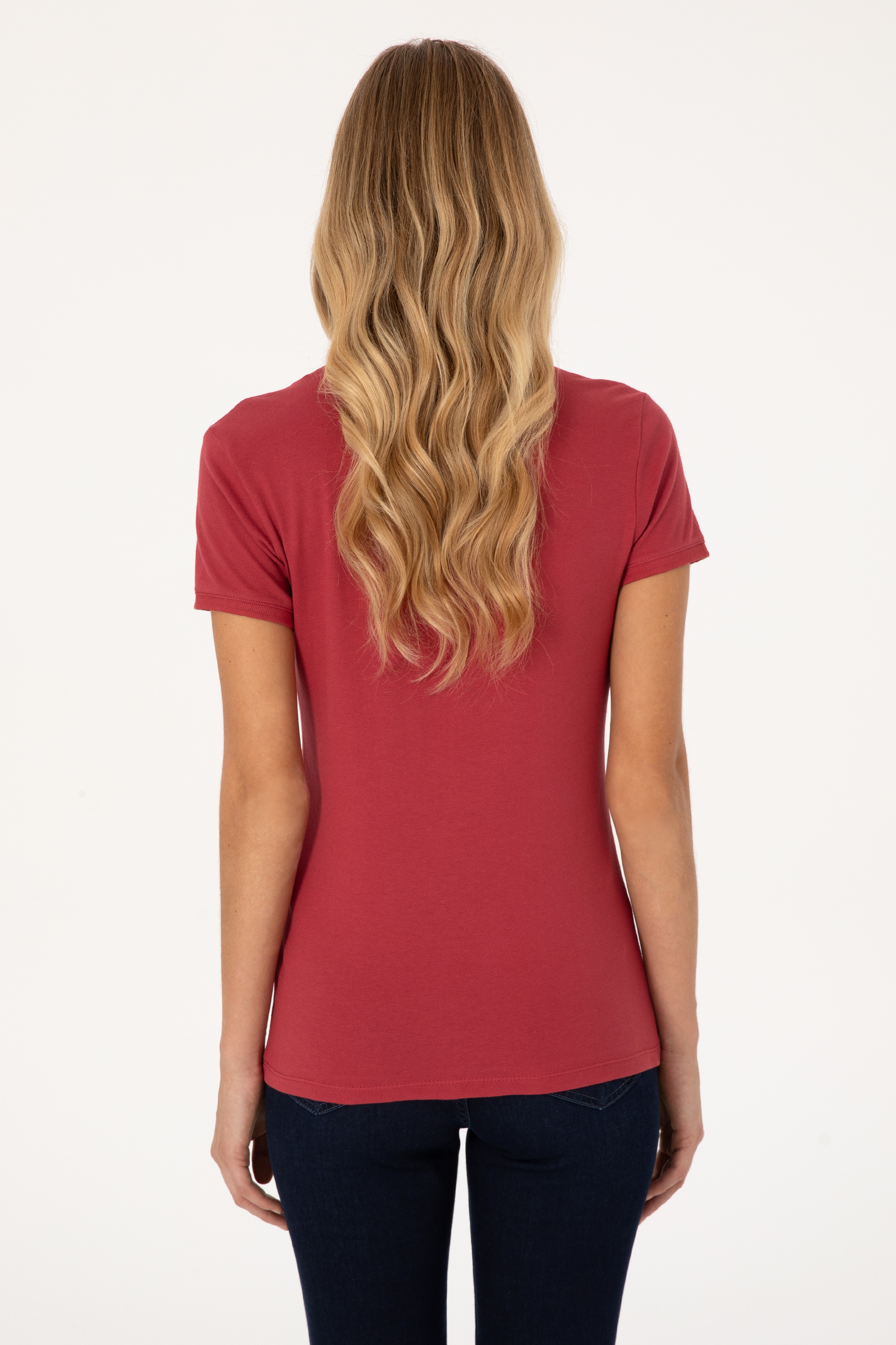 Kadın Vişne Basic Polo Yaka Tişört - Image 5