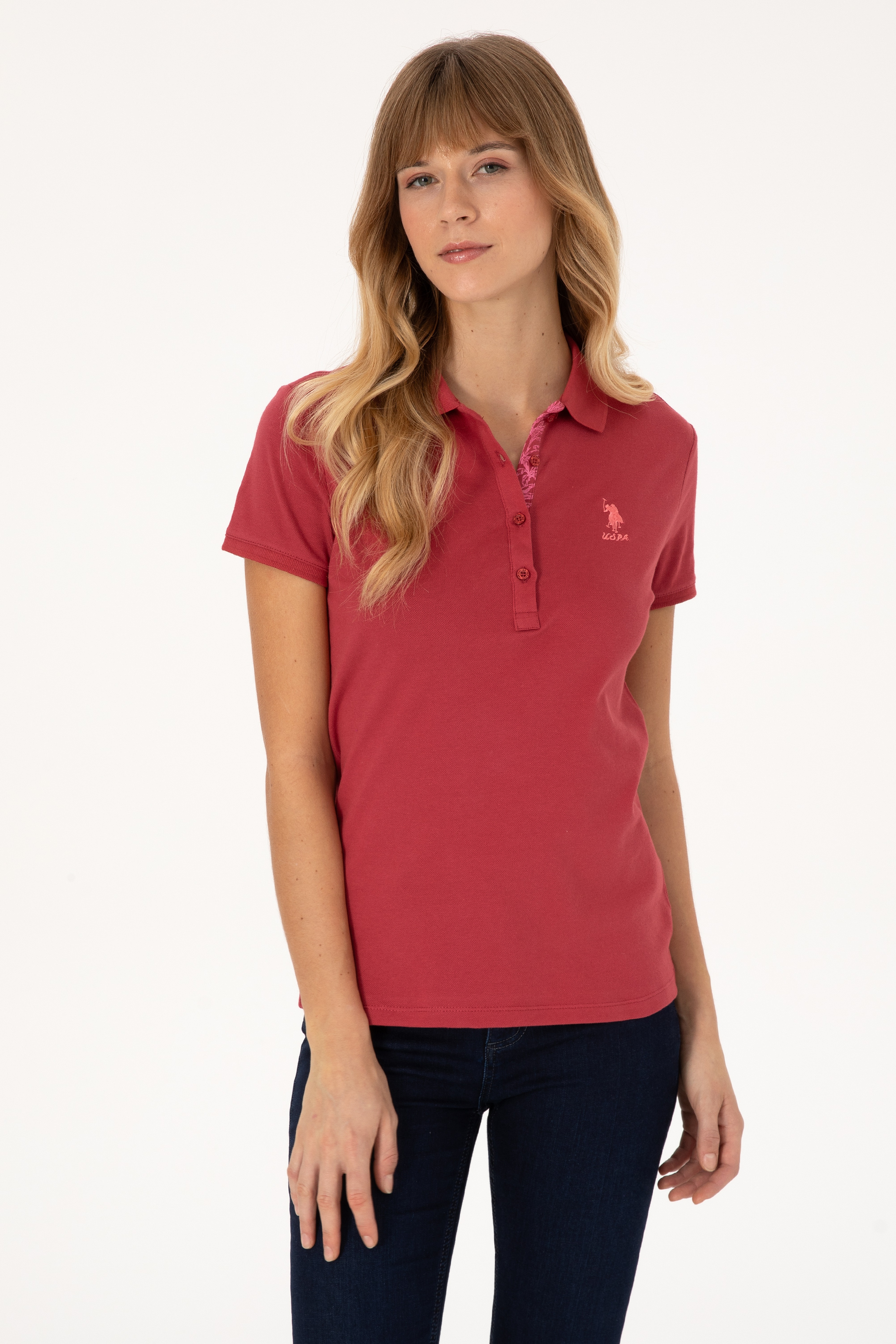 Kadın Vişne Basic Polo Yaka Tişört - Image 1