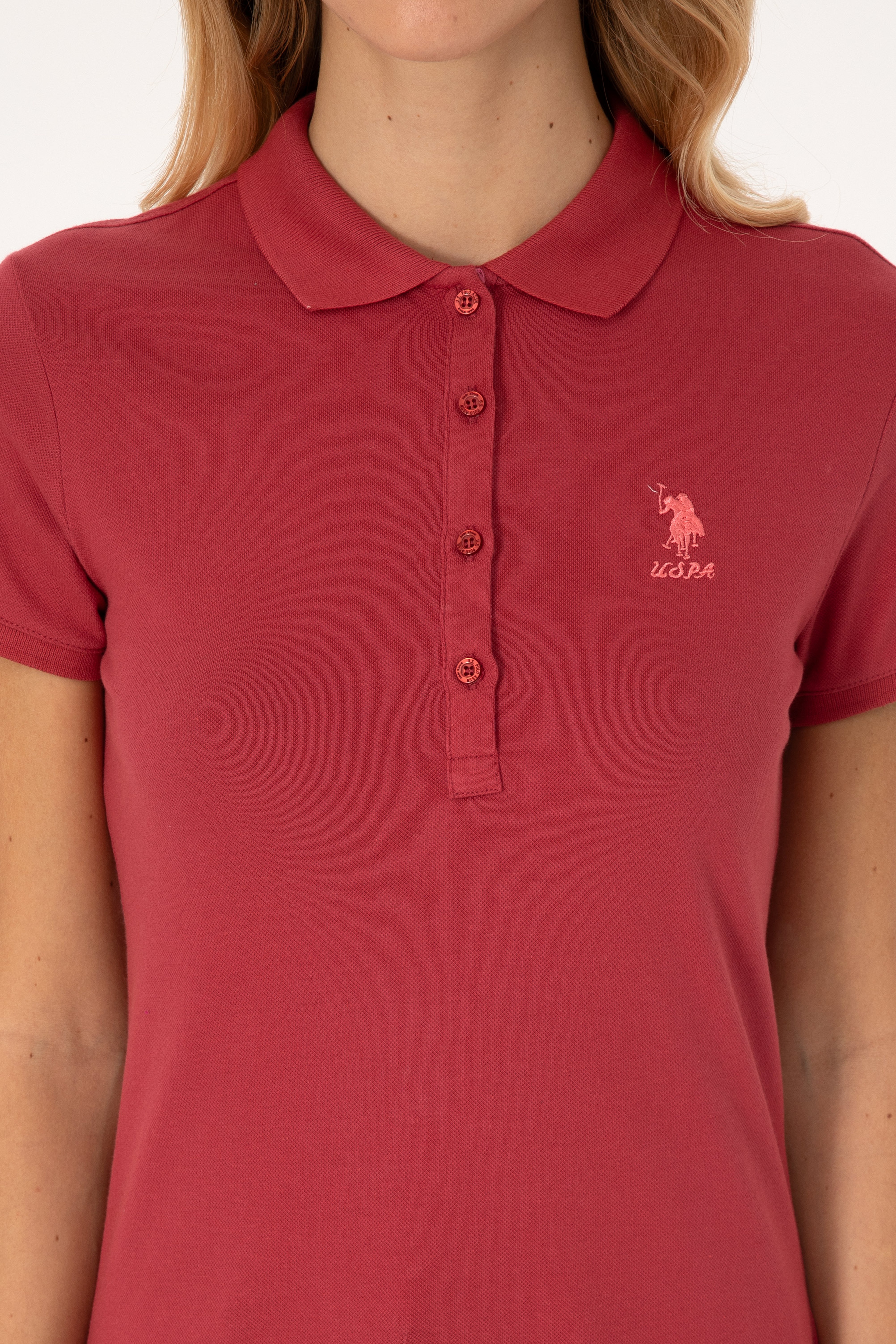 Kadın Vişne Basic Polo Yaka Tişört - Image 6