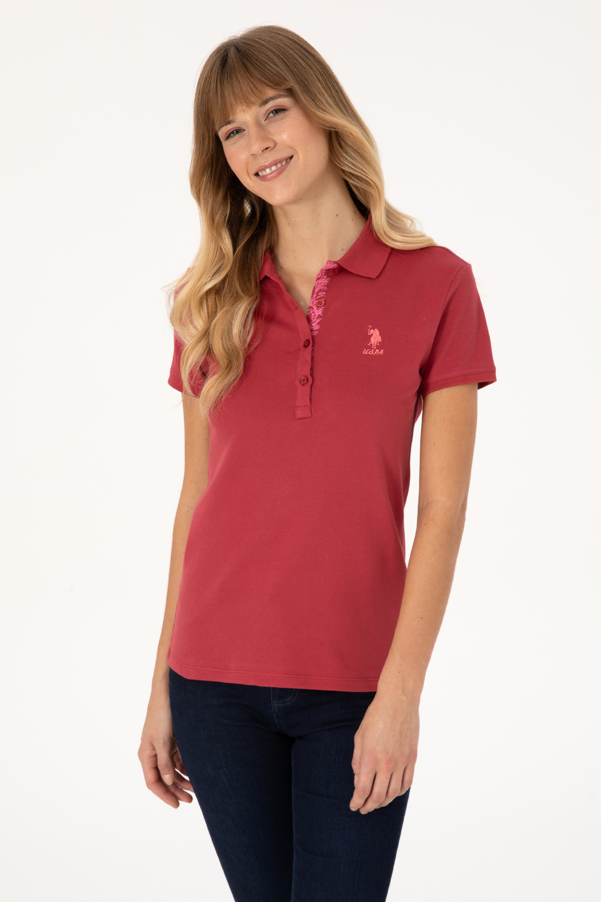 Kadın Vişne Basic Polo Yaka Tişört - 50300896186