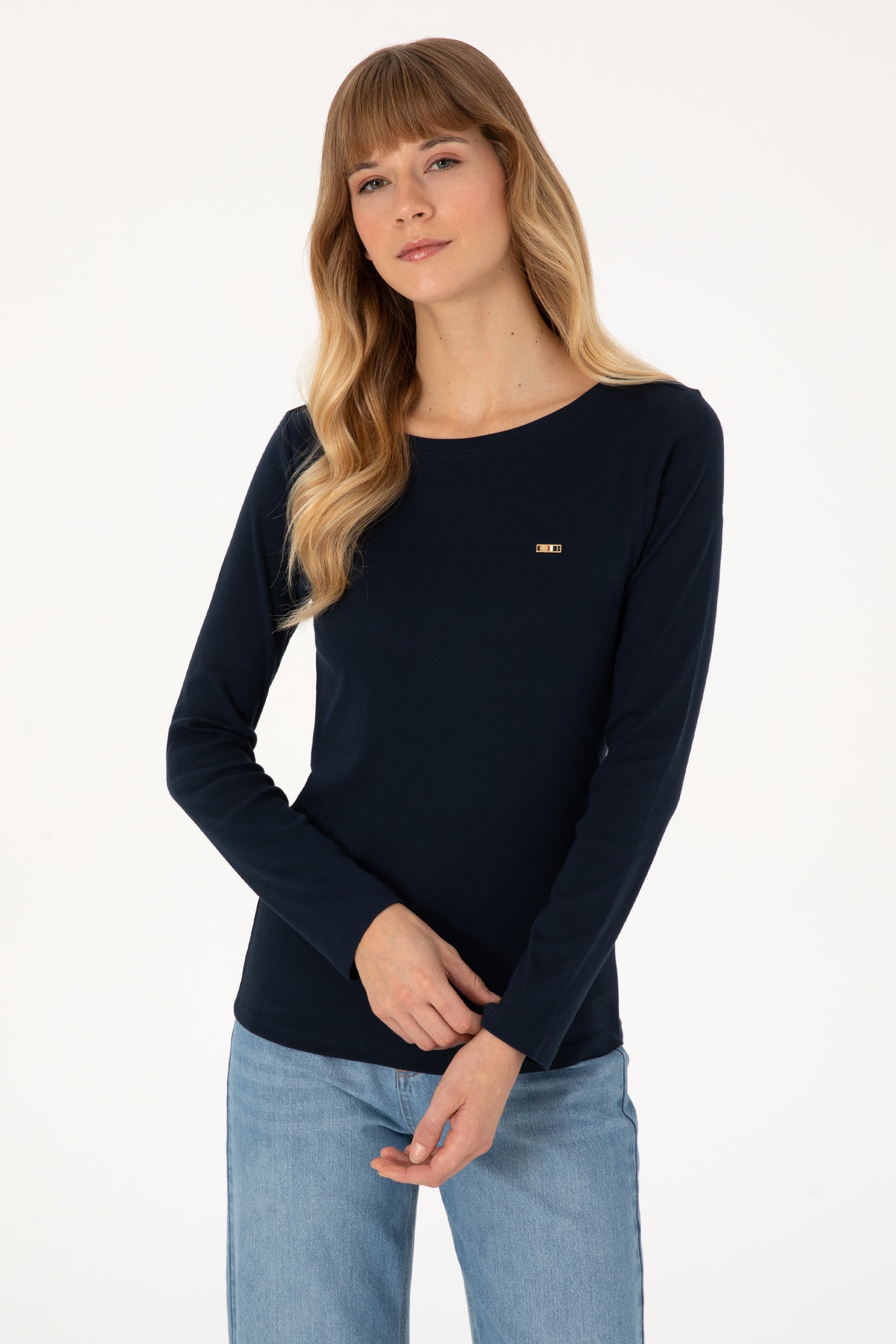 Kadın Lacivert Slim Bisiklet Yaka Basic Sweatshırt - Image 1