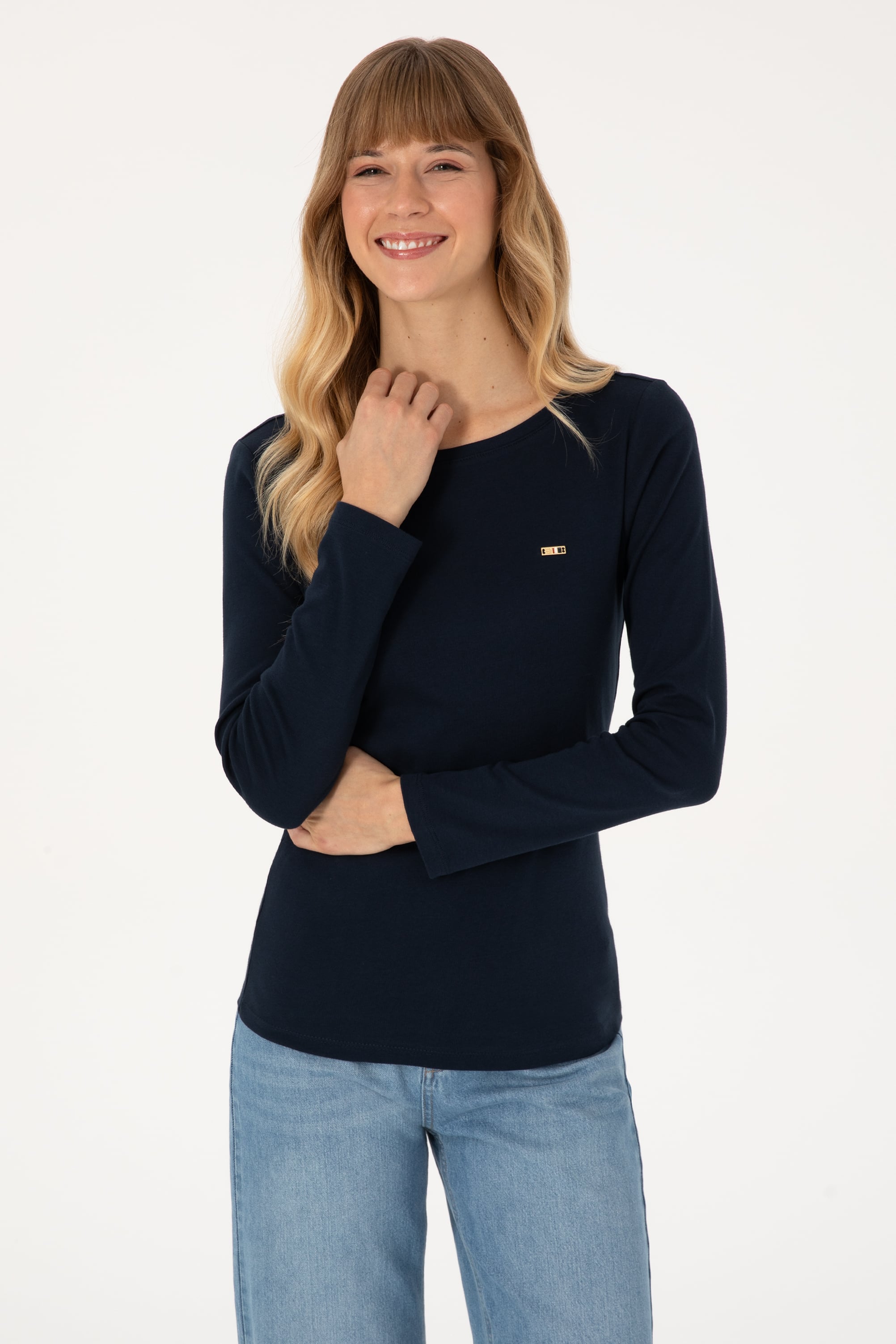 Kadın Lacivert Slim Bisiklet Yaka Basic Sweatshırt - Image 3