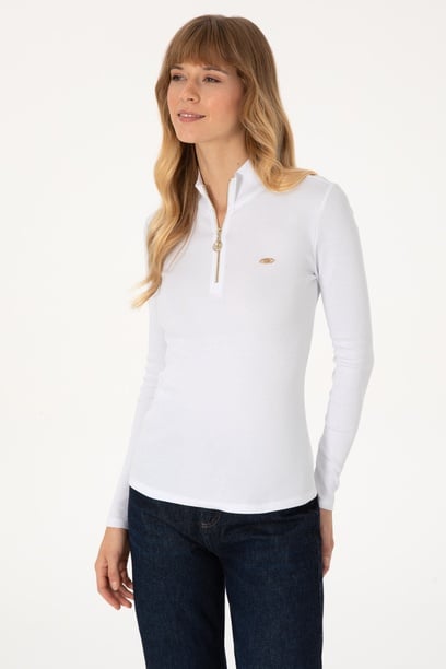 Kadın Beyaz Fermuarlı Dik Yaka Sweatshirt