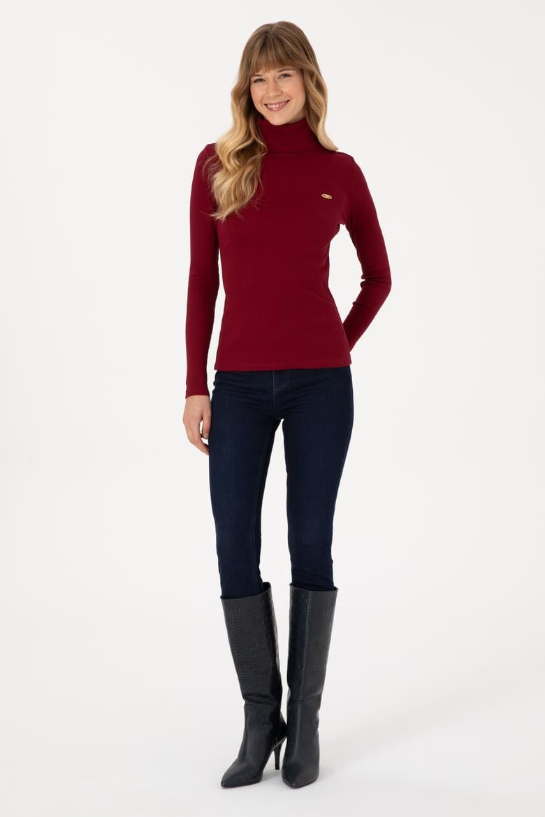 Kadın Bordo Balıkçı Yaka Sweatshırt - 50313430038