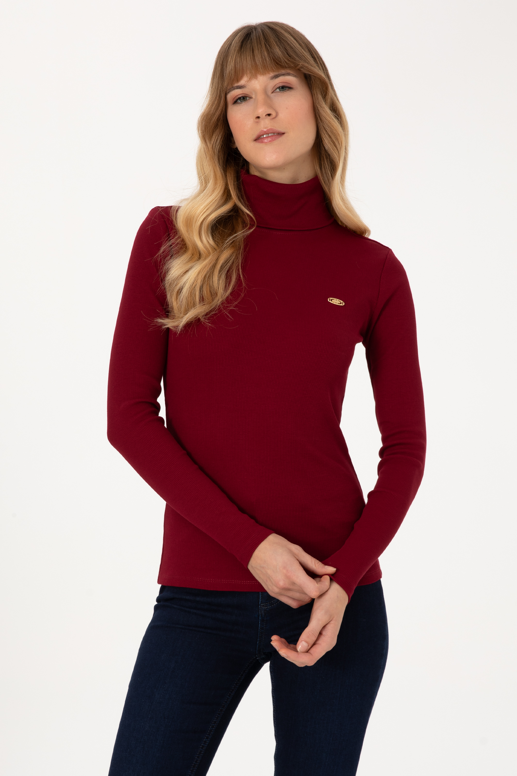 Kadın Bordo Balıkçı Yaka Sweatshırt - Image 1