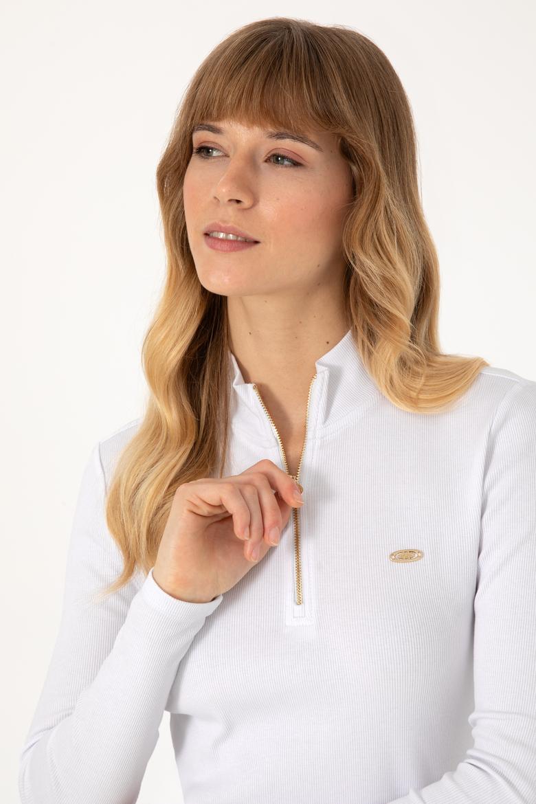 Kadın Beyaz Fermuarlı Dik Yaka Sweatshirt - 50313564005
