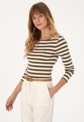 Kadın Haki Çizgili Bisiklet Yaka Sweatshırt - 50314203019