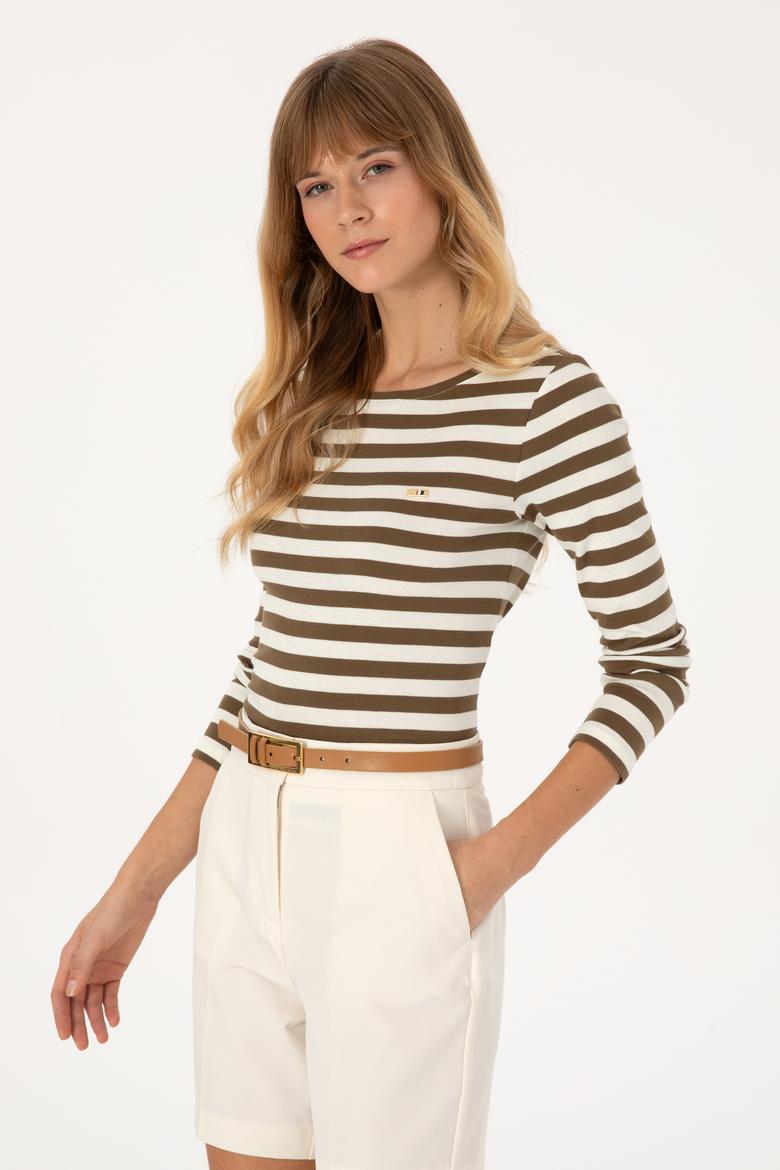 Kadın Haki Çizgili Bisiklet Yaka Sweatshırt - 50314203019