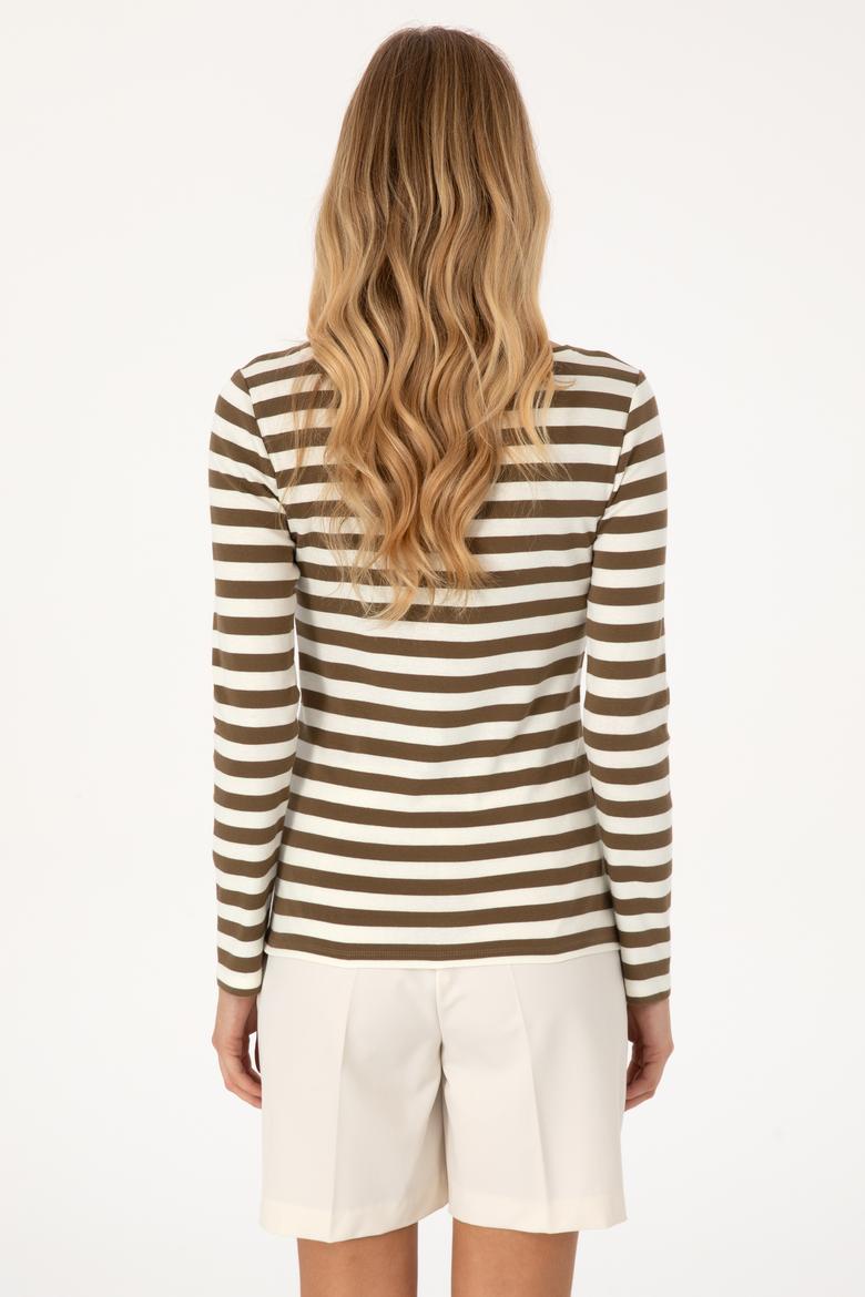 Kadın Haki Çizgili Bisiklet Yaka Sweatshırt - 50314203019