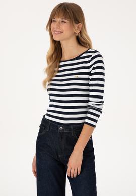 Kadın Lacivert Çizgili Bisiklet Yaka Sweatshırt - 50314203030