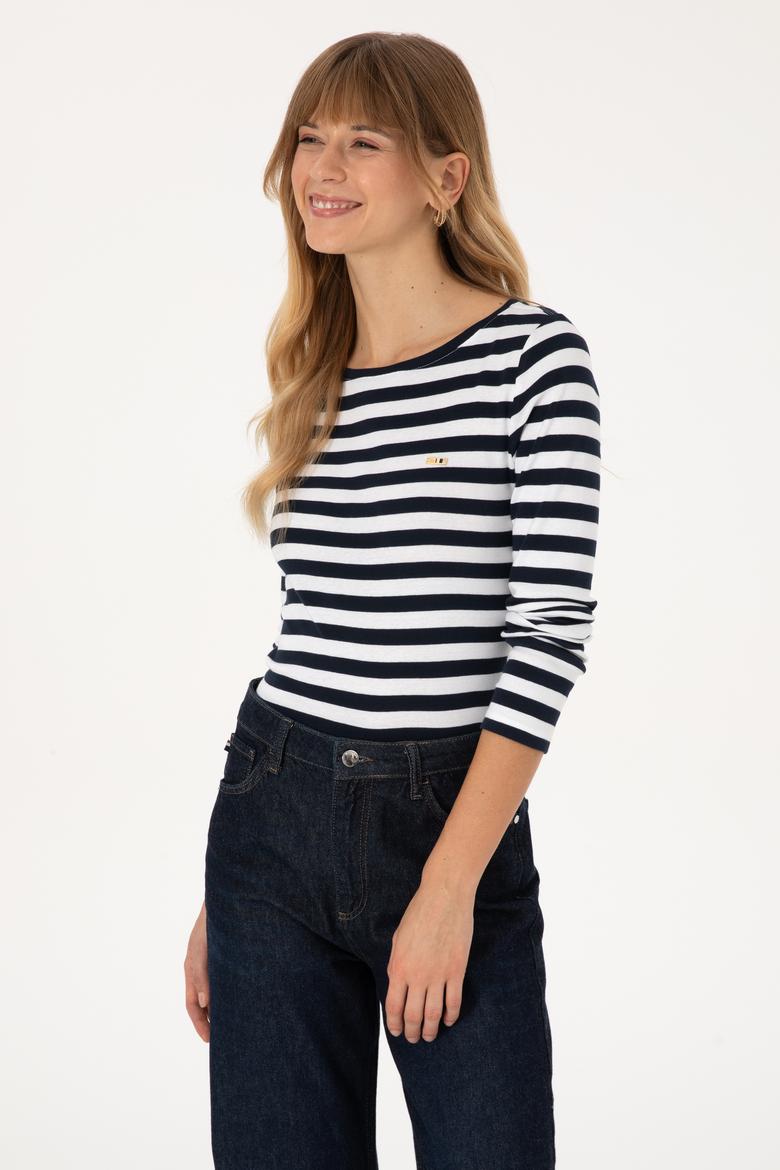 Kadın Lacivert Çizgili Bisiklet Yaka Sweatshırt - 50314203030