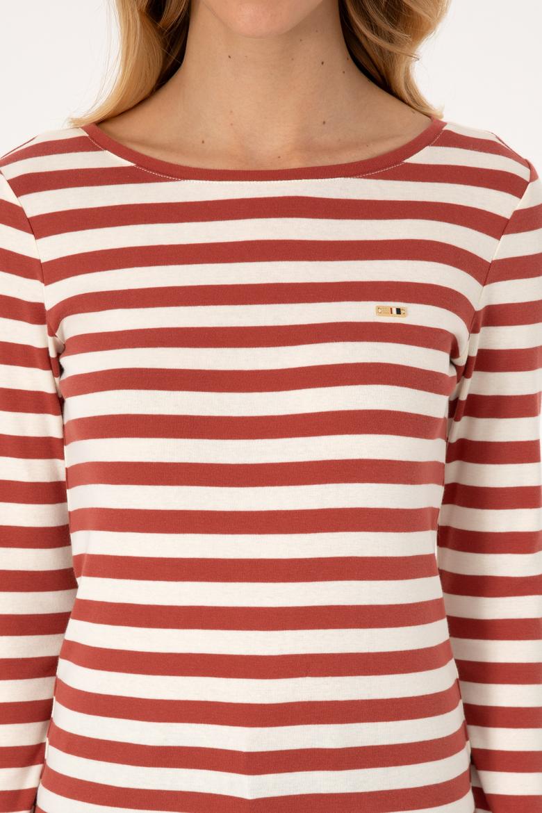 Kadın Kiremit Çizgili Bisiklet Yaka Sweatshırt - 50314203014