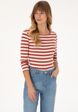 Kadın Kiremit Çizgili Bisiklet Yaka Sweatshırt - 50314203014