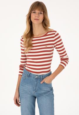 Kadın Kiremit Çizgili Bisiklet Yaka Sweatshırt - 50314203014