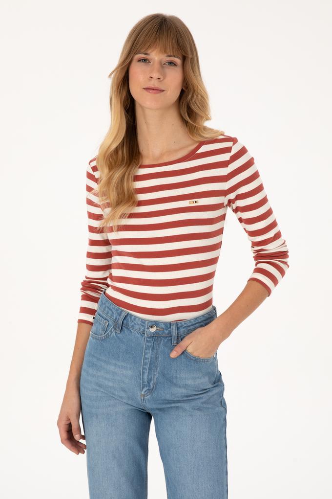 Kadın Kiremit Çizgili Bisiklet Yaka Sweatshırt