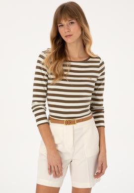 Kadın Haki Çizgili Bisiklet Yaka Sweatshırt - 50314203019