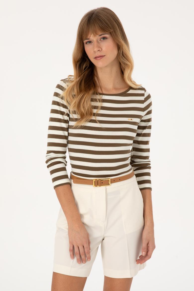 Kadın Haki Çizgili Bisiklet Yaka Sweatshırt