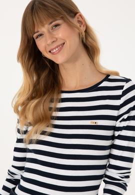 Kadın Lacivert Çizgili Bisiklet Yaka Sweatshırt - 50314203030