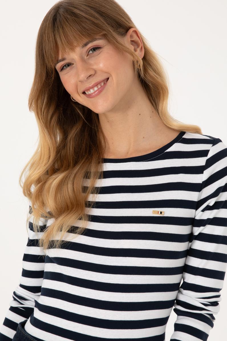 Kadın Lacivert Çizgili Bisiklet Yaka Sweatshırt