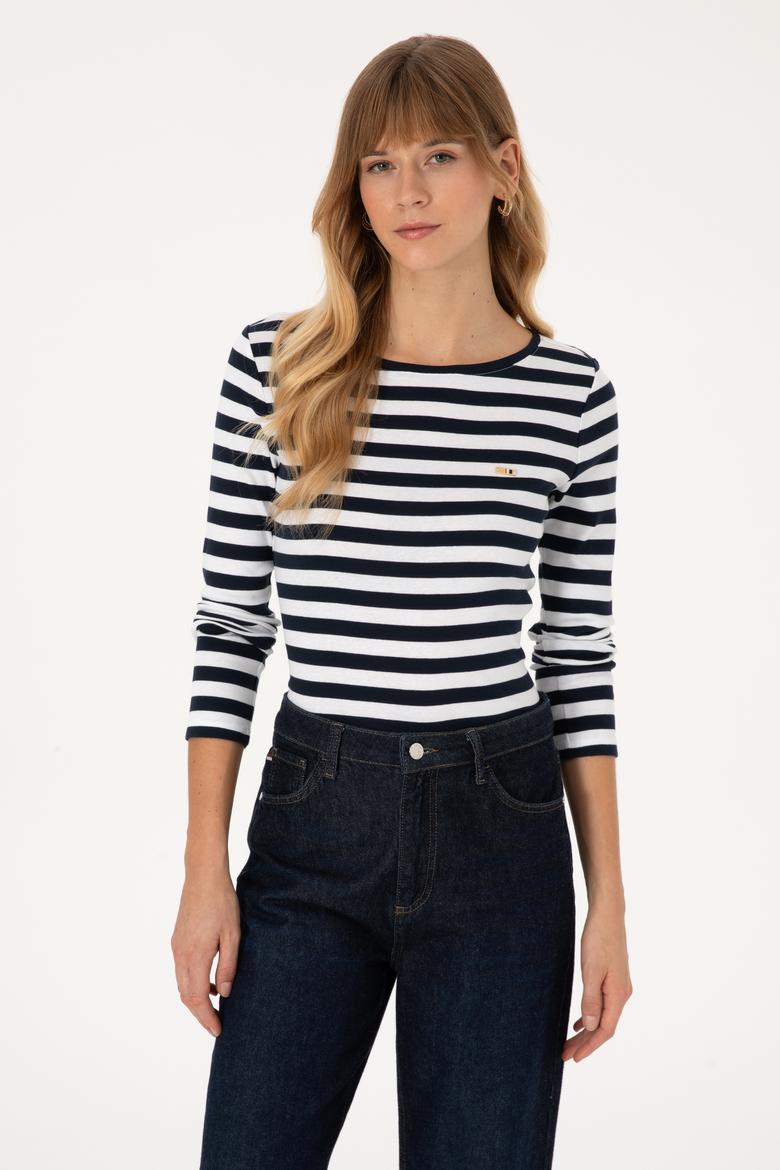 Kadın Lacivert Çizgili Bisiklet Yaka Sweatshırt