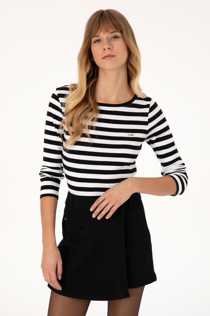 Kadın Siyah Çizgili Bisiklet Yaka Sweatshırt