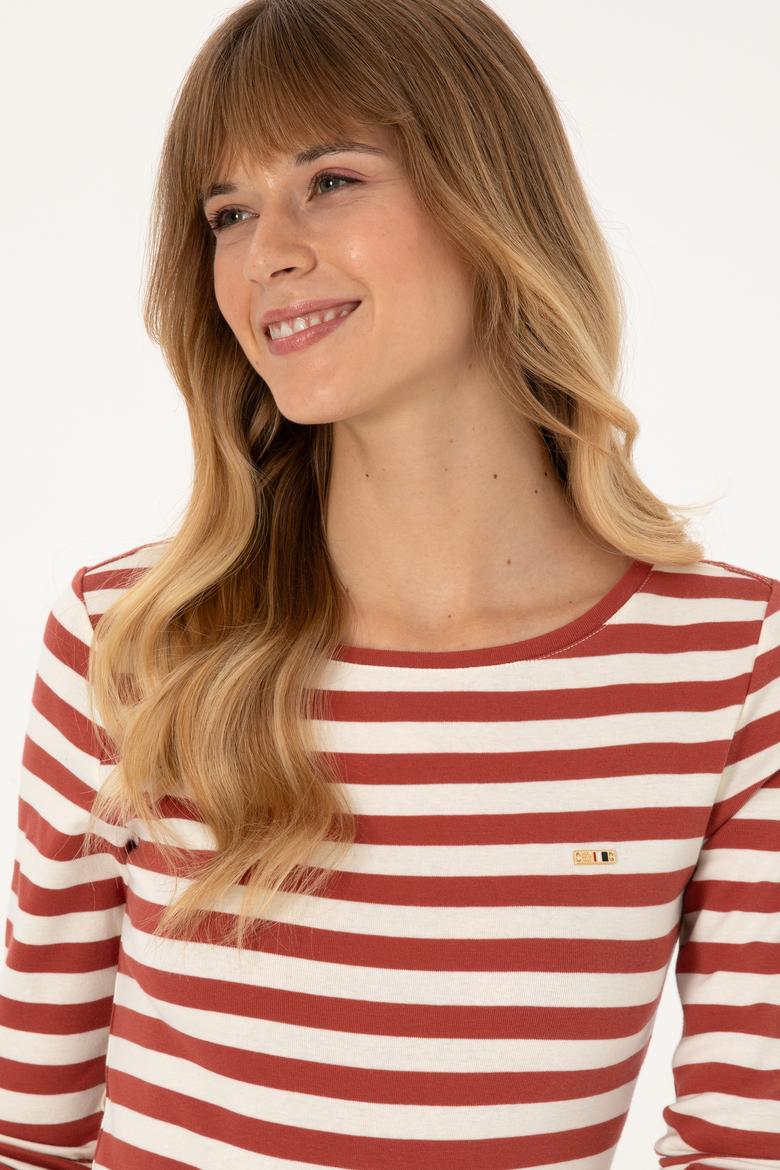 Kadın Kiremit Çizgili Bisiklet Yaka Sweatshırt - 50314203014