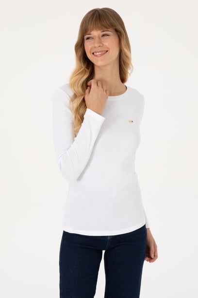Kadın Beyaz Slim Bisiklet Yaka Basic Sweatshırt