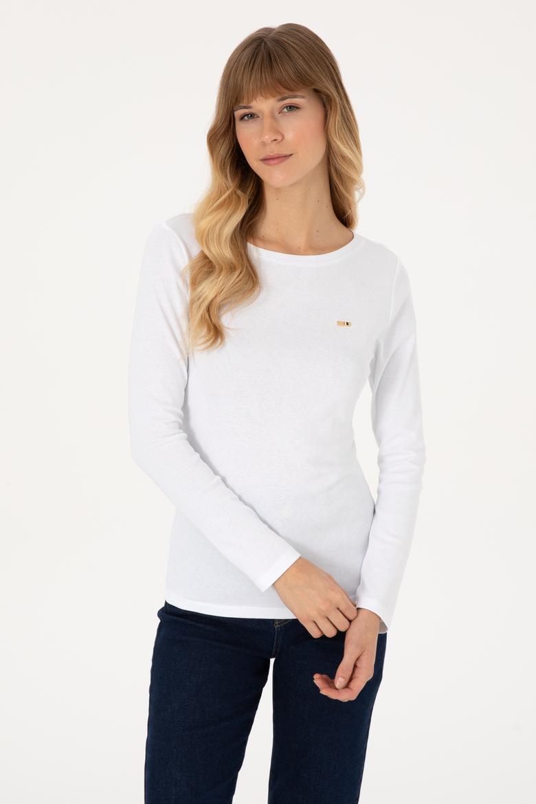 Kadın Beyaz Slim Bisiklet Yaka Basic Sweatshırt