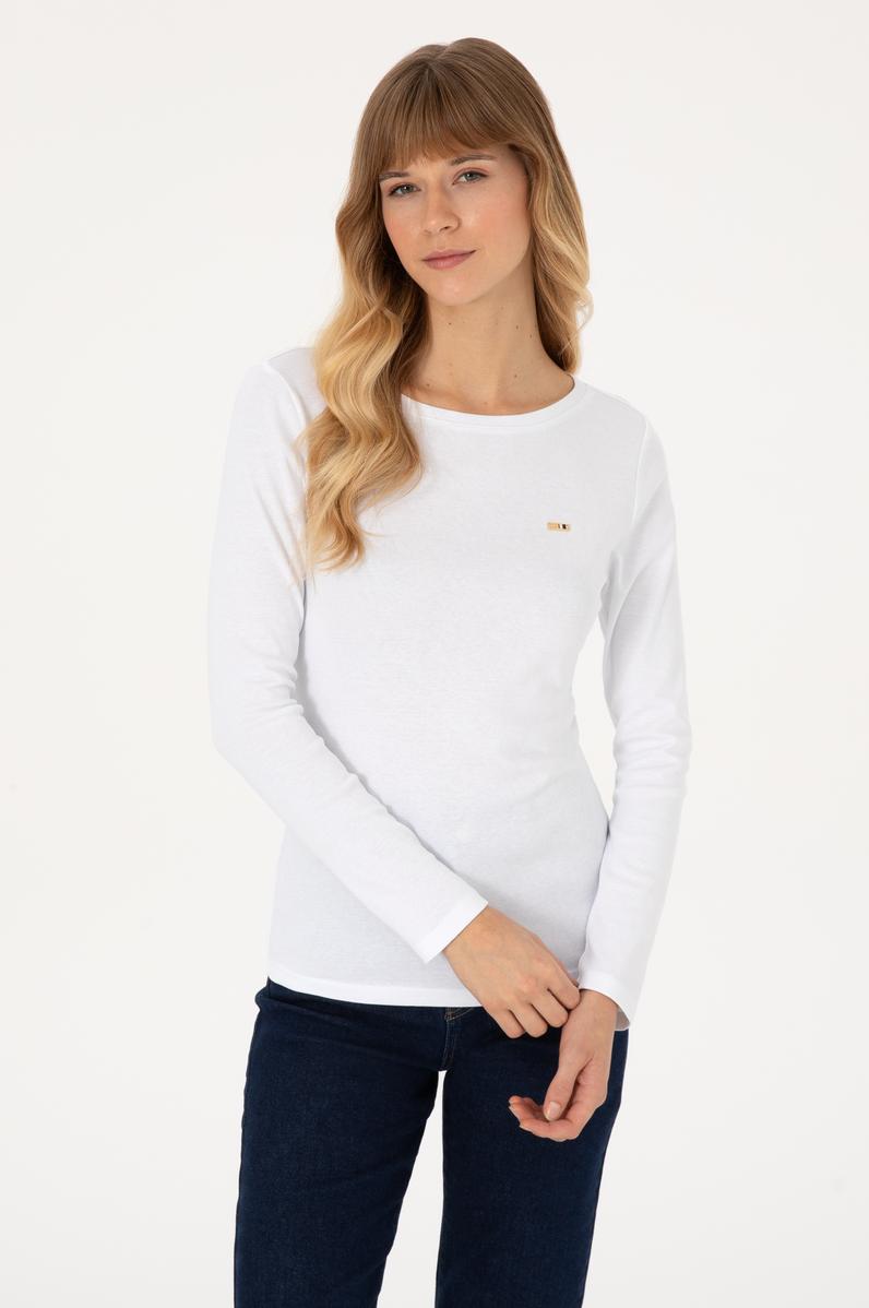 Kadın Beyaz Slim Bisiklet Yaka Basic Sweatshırt