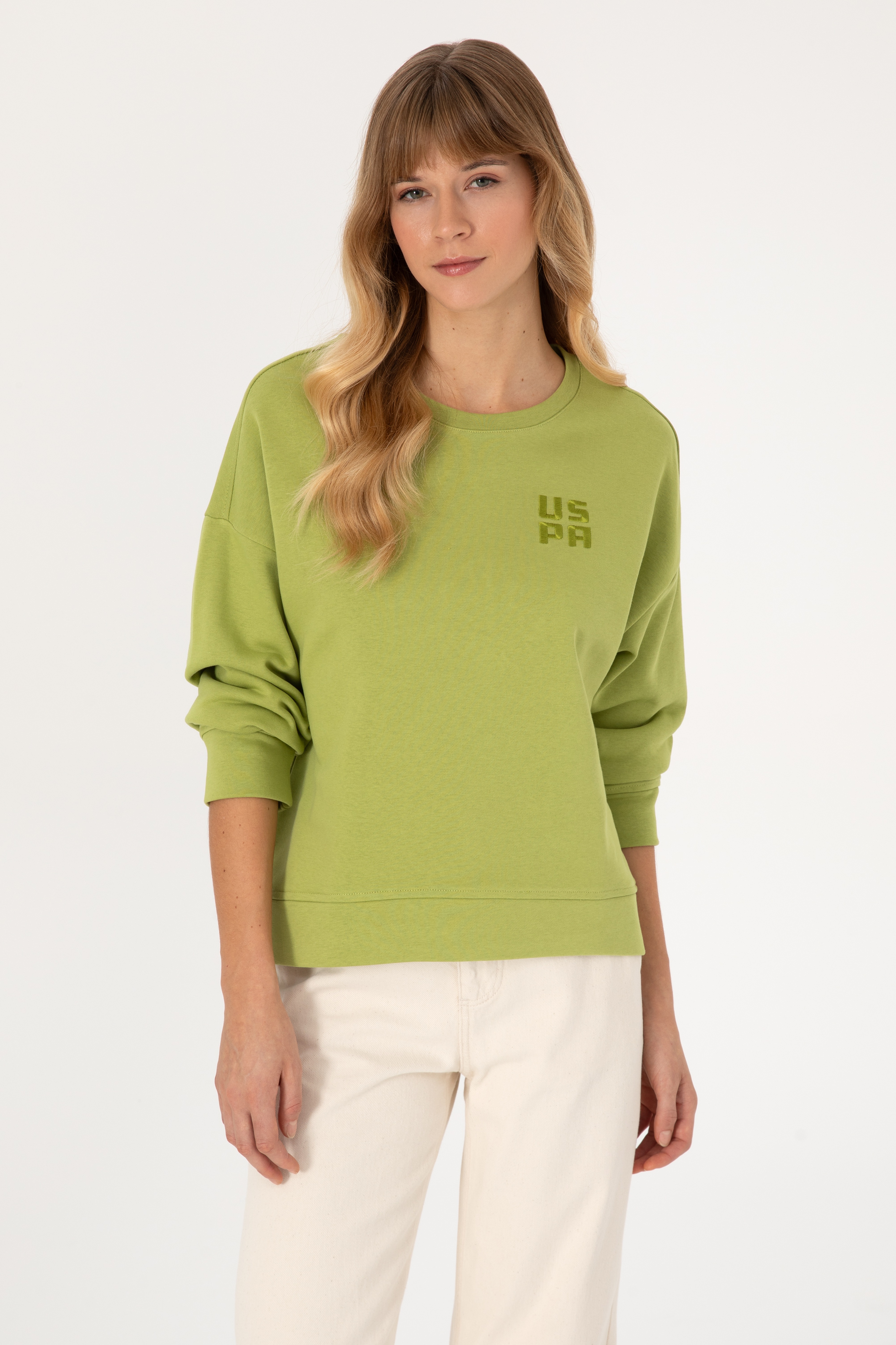 Kadın Fıstık Yeşili Bisiklet Yaka Basic Sweatshırt - Image 1