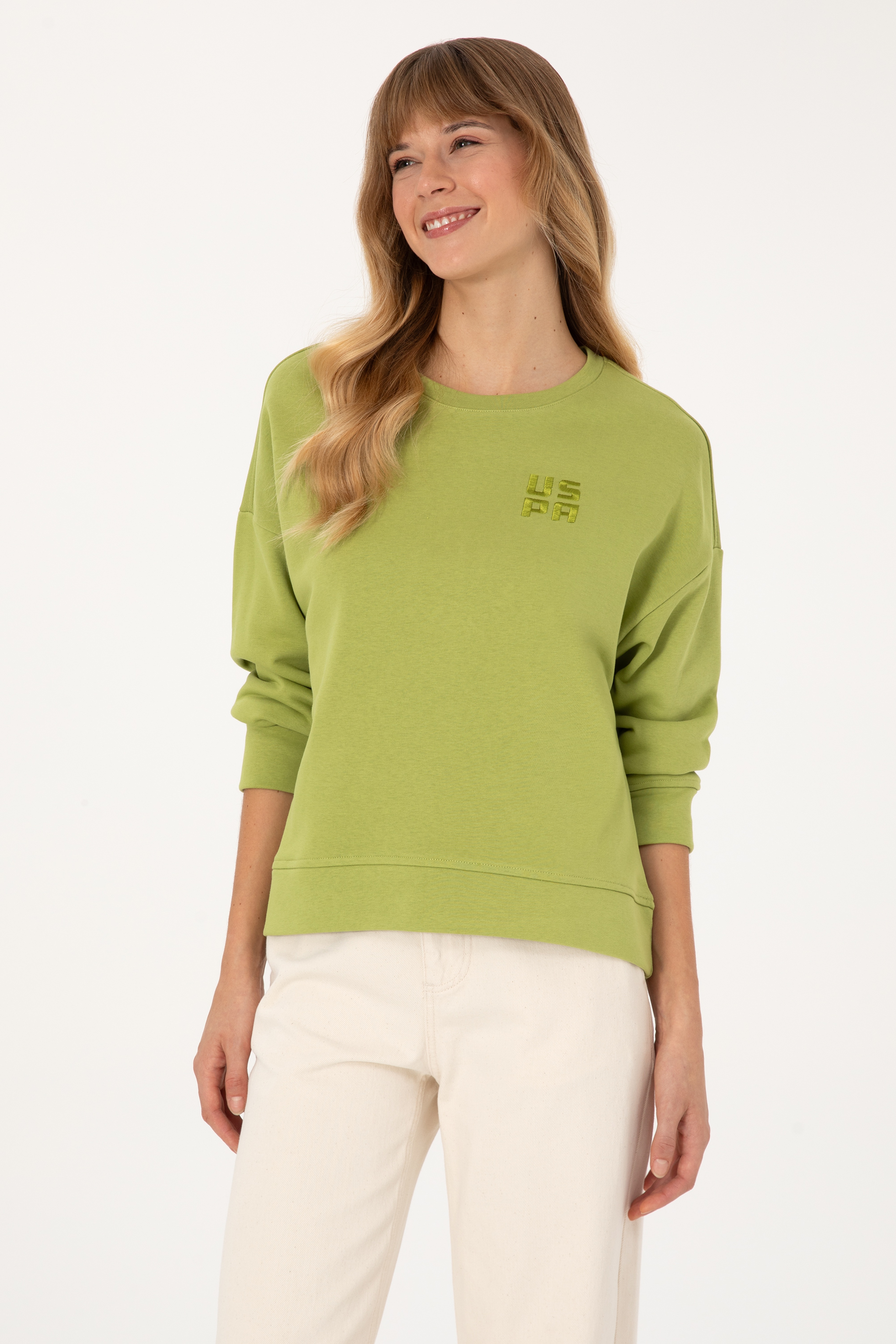 Kadın Fıstık Yeşili Bisiklet Yaka Basic Sweatshırt - Image 3