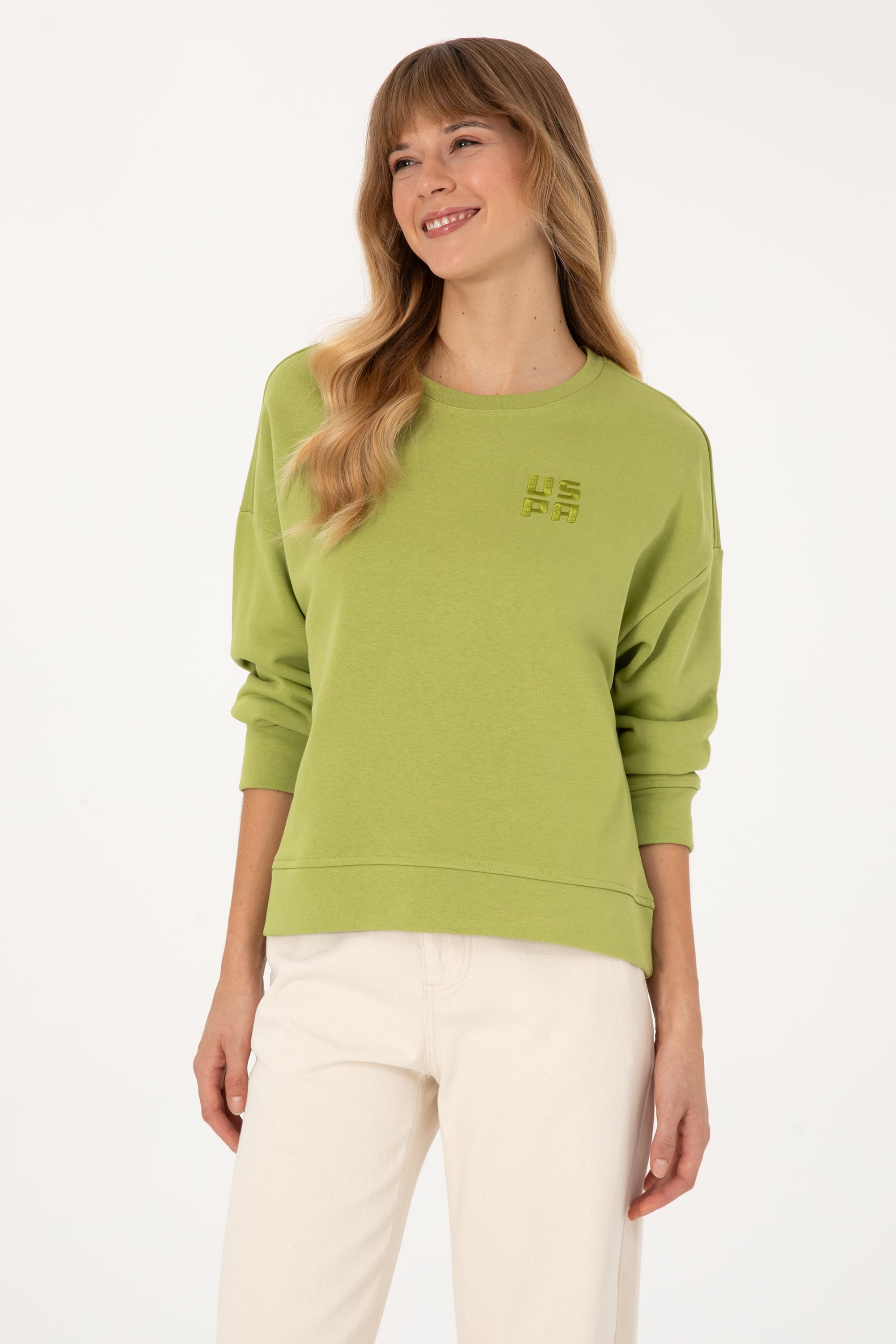 Kadın Fıstık Yeşili Bisiklet Yaka Basic Sweatshırt