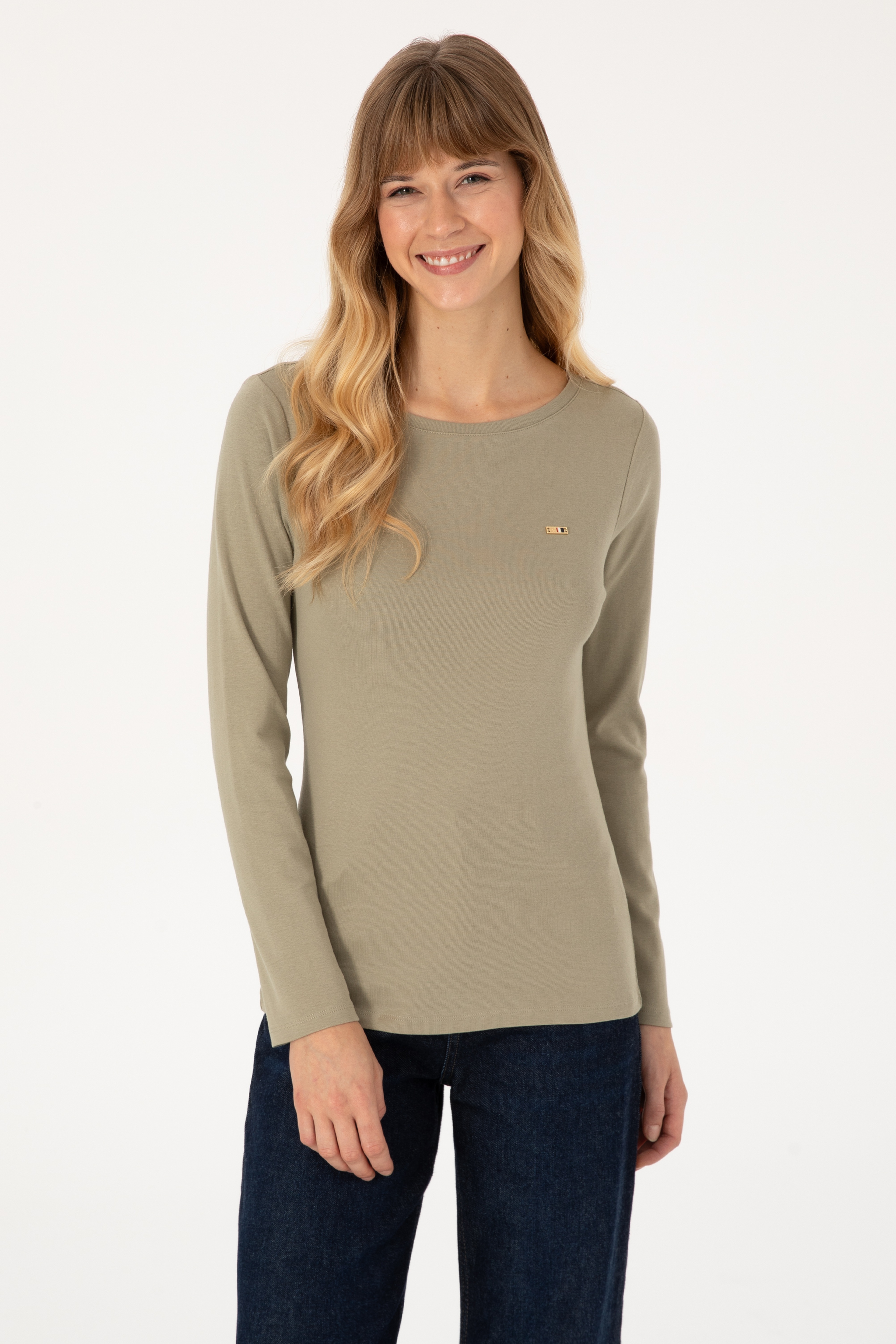 Kadın Açık Haki Slim Bisiklet Yaka Basic Sweatshırt - Image 1
