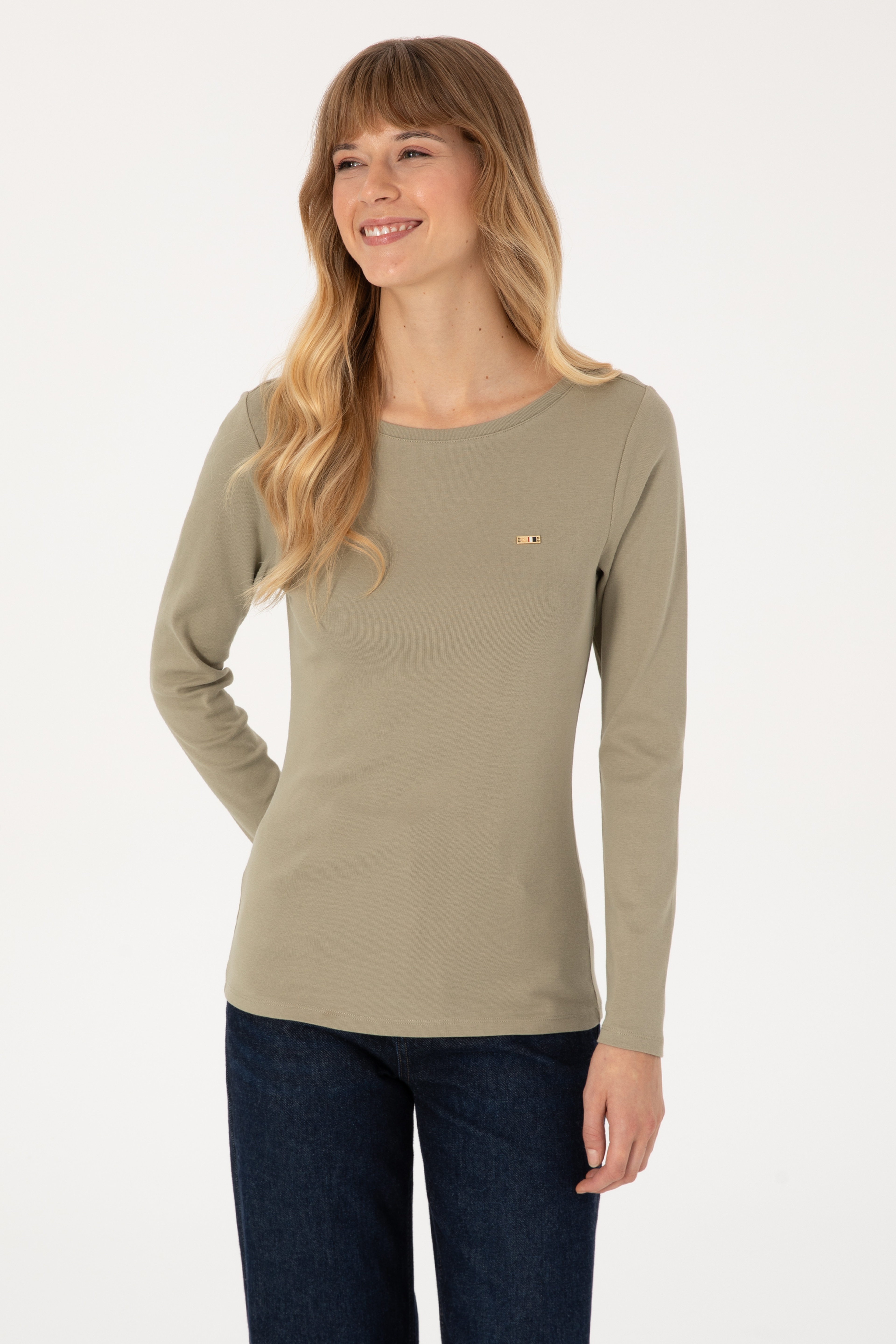 Kadın Açık Haki Slim Bisiklet Yaka Basic Sweatshırt