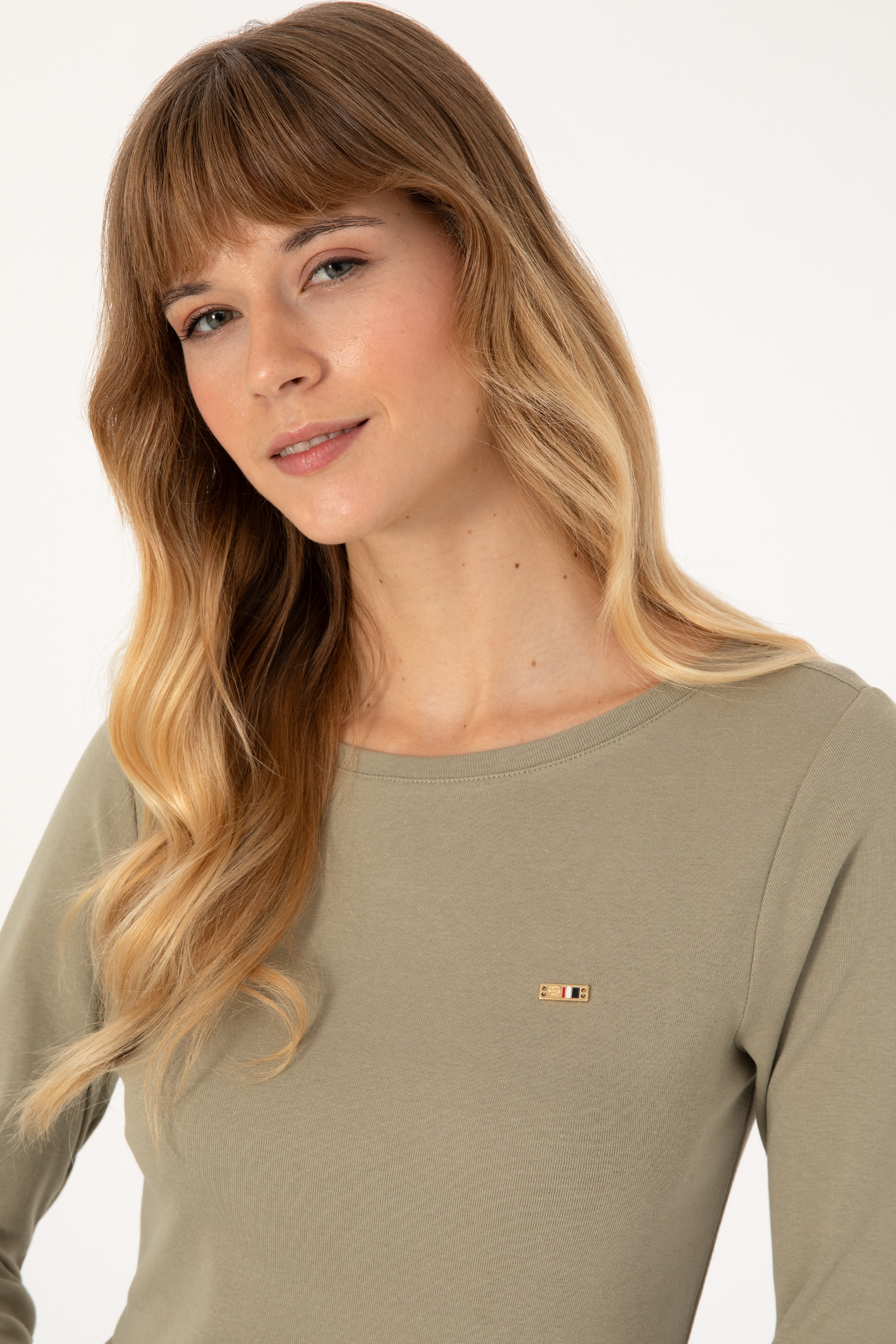 Kadın Açık Haki Slim Bisiklet Yaka Basic Sweatshırt - Image 2