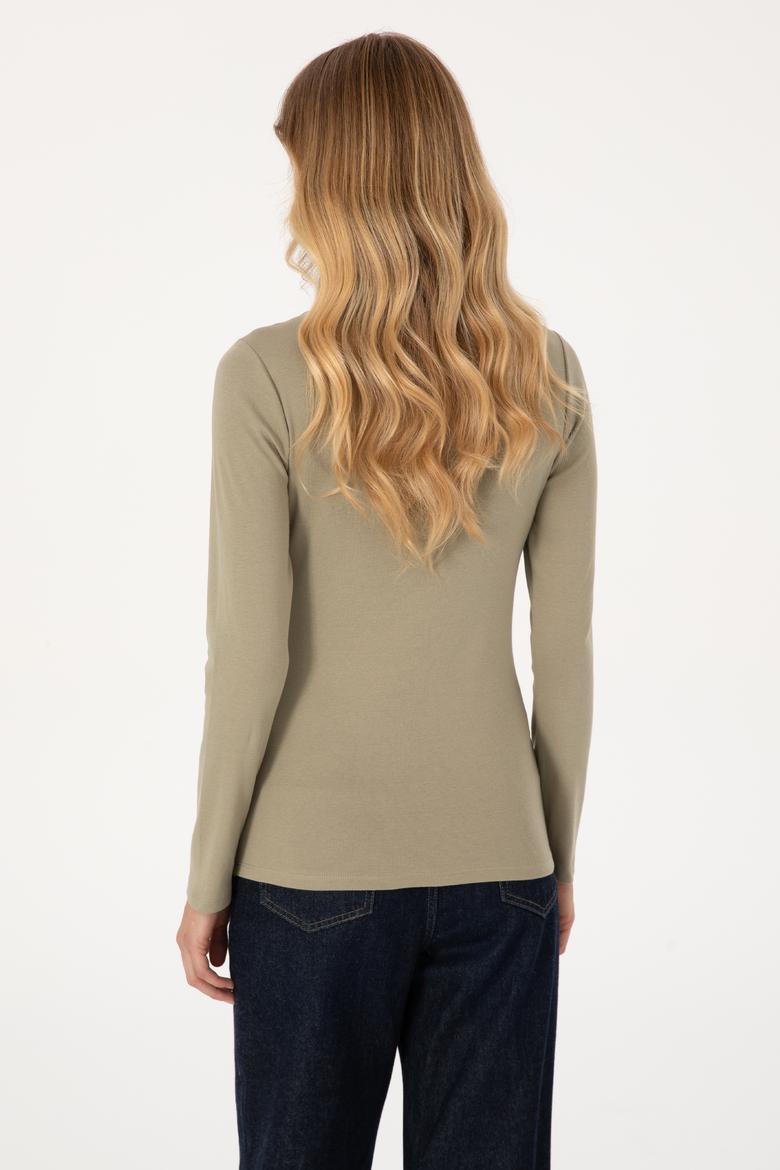 Kadın Açık Haki Slim Bisiklet Yaka Basic Sweatshırt - 50315419032