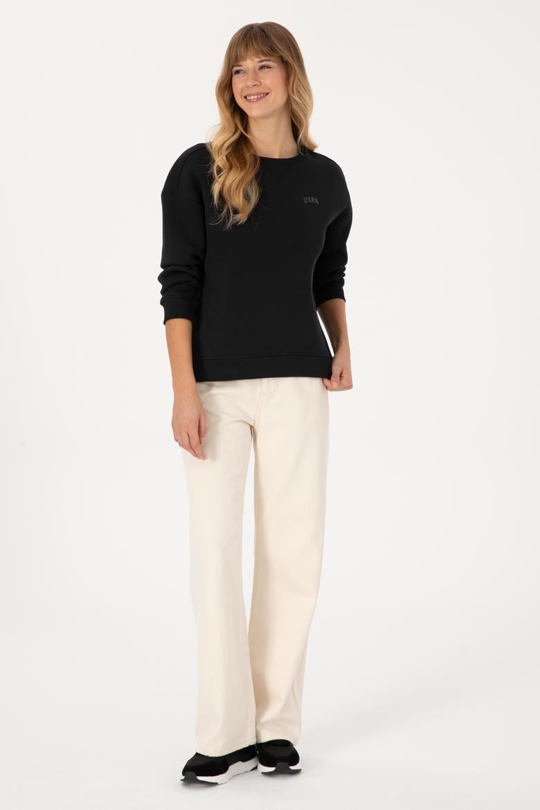 Kadın Siyah Şardonlu Bisiklet Yaka Basic Sweatshırt - 50313586016