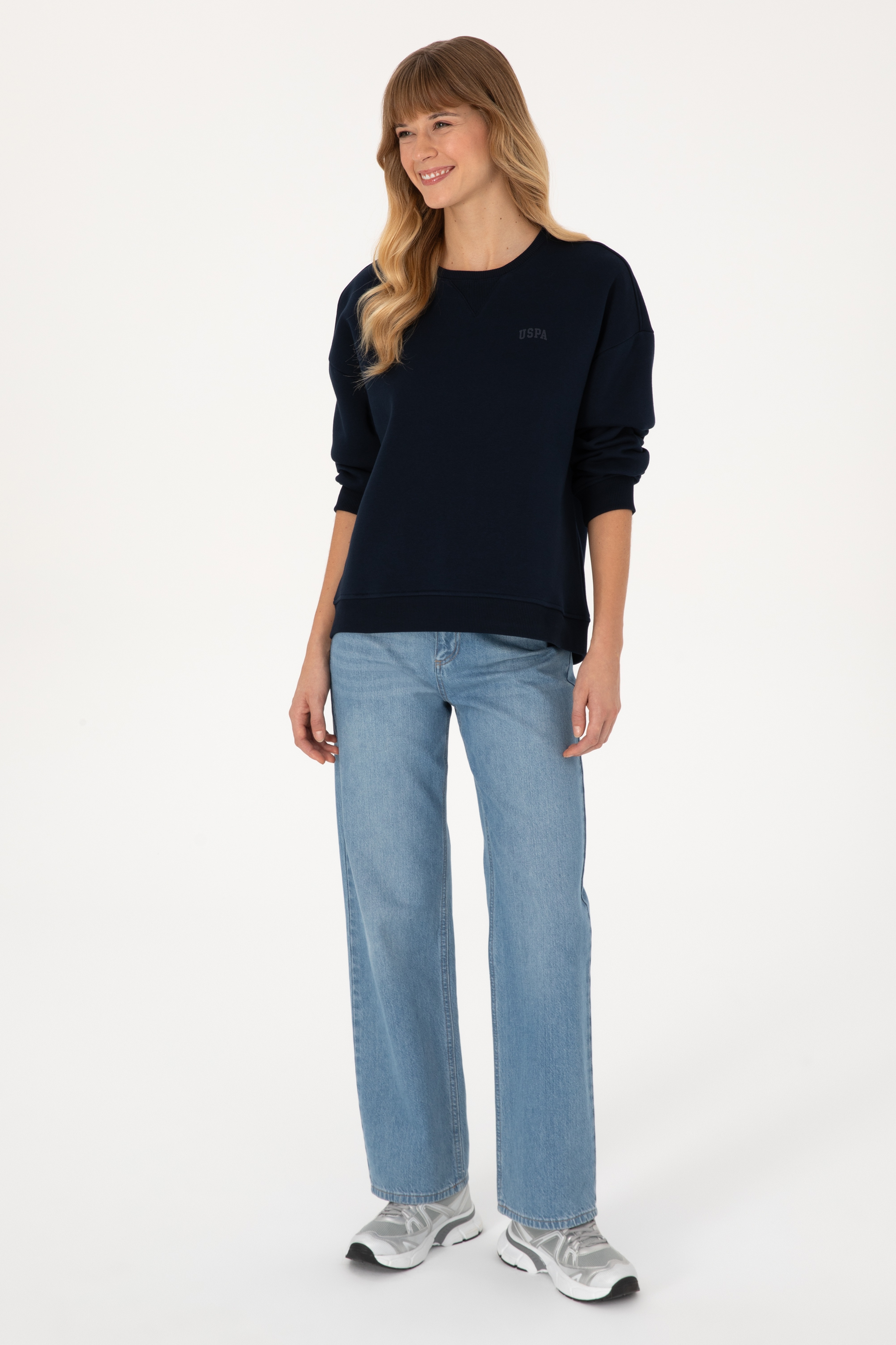 Kadın Lacivert Şardonlu Bisiklet Yaka Basic Sweatshırt - Image 4