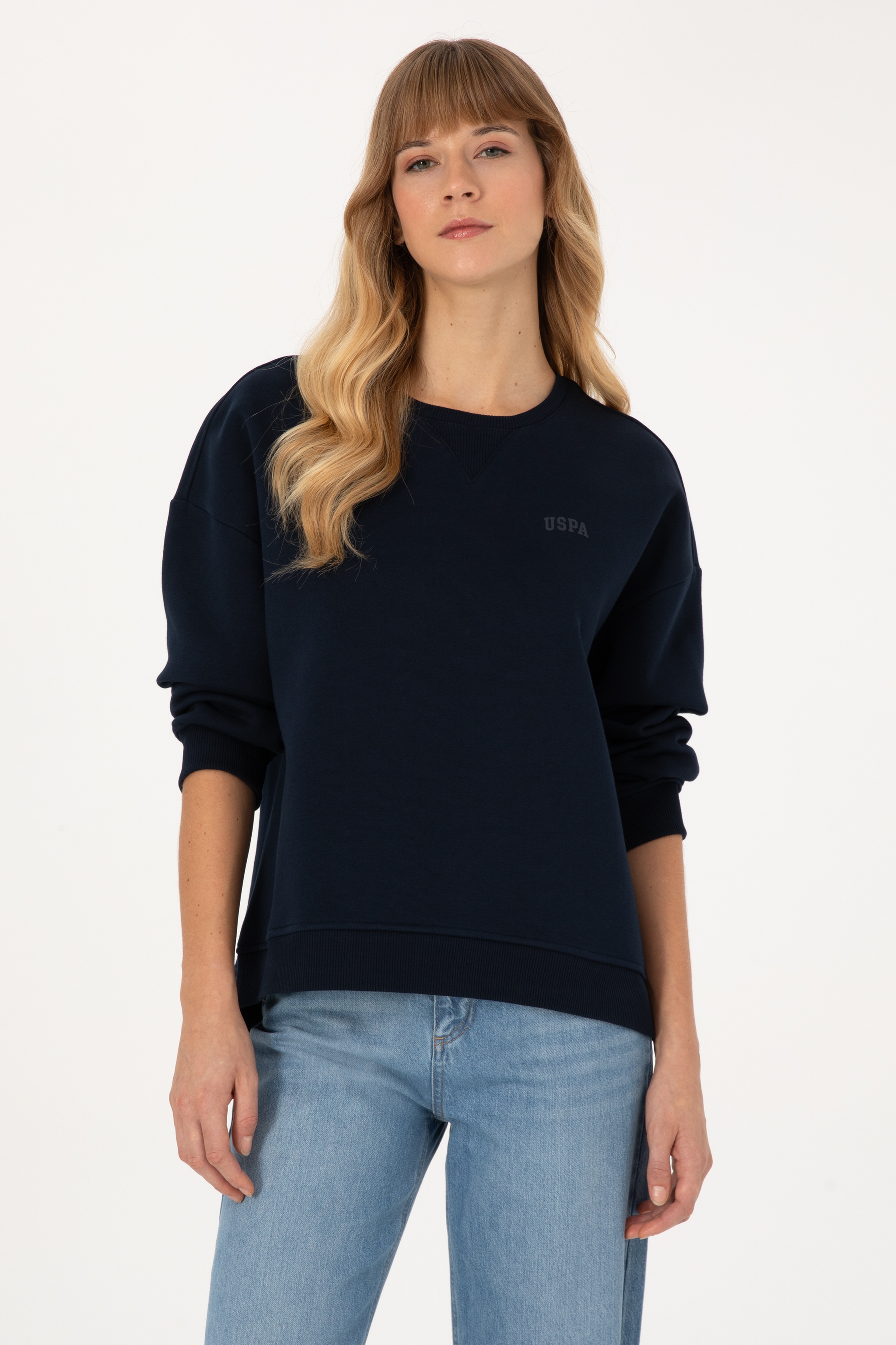 Kadın Lacivert Şardonlu Bisiklet Yaka Basic Sweatshırt - Image 1