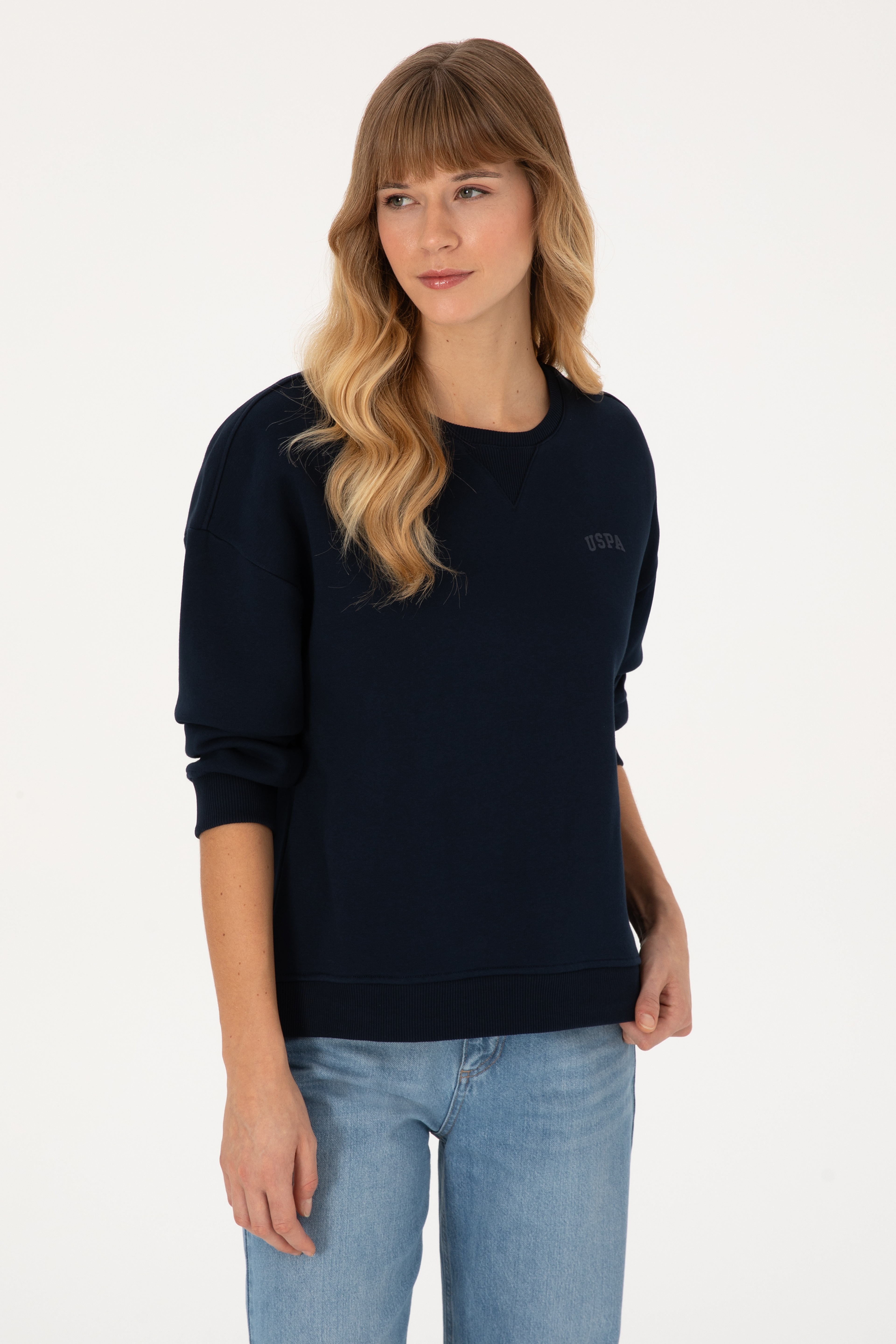 Kadın Lacivert Şardonlu Bisiklet Yaka Basic Sweatshırt