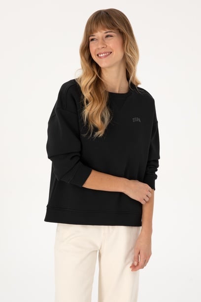 Kadın Siyah Şardonlu Bisiklet Yaka Basic Sweatshırt
