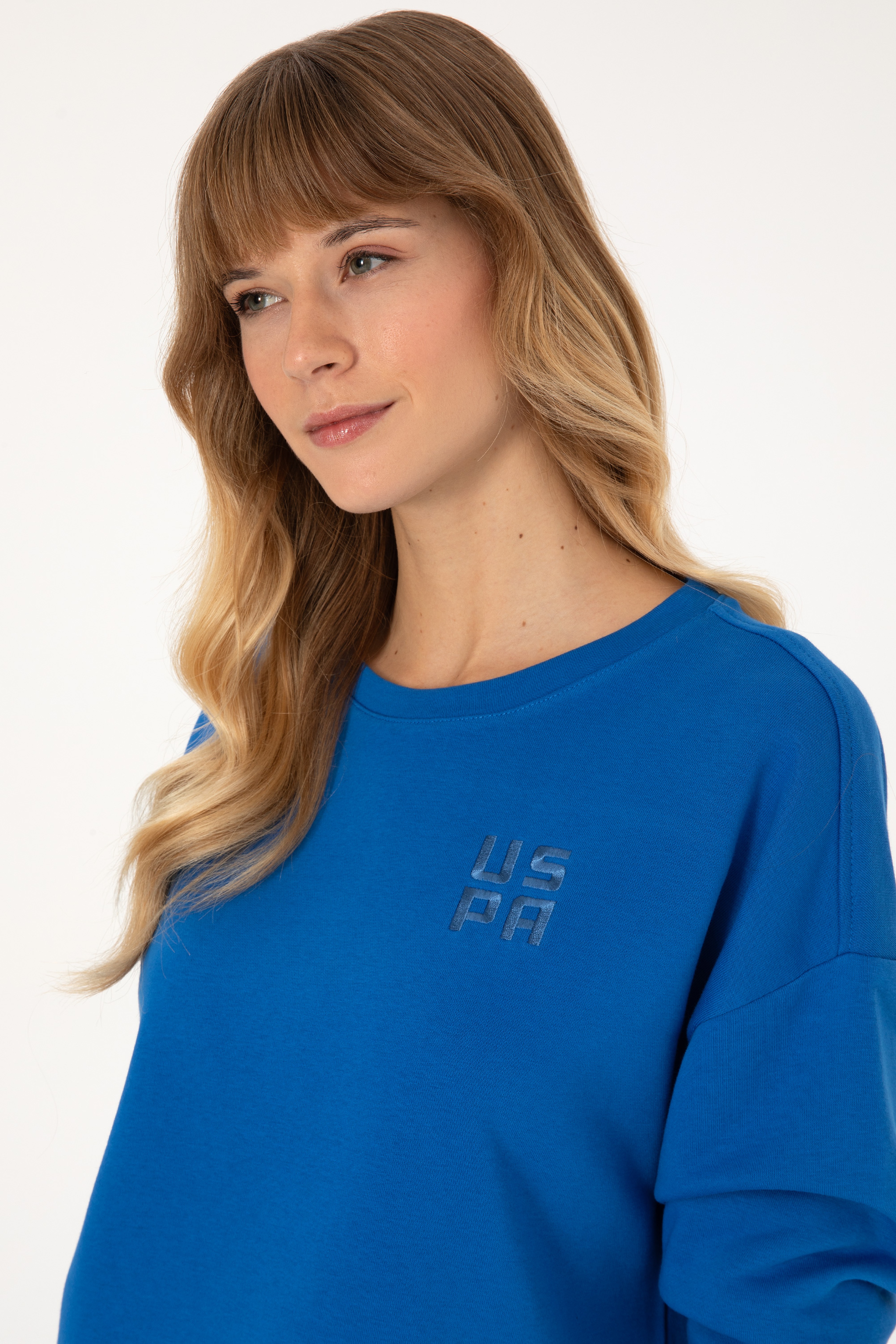 Kadın Koyu Mavi Bisiklet Yaka Basic Sweatshırt
